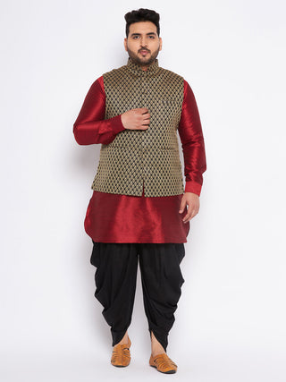 VASTRAMAY Men's Plus Size Black Ethnic Jacket With Maroon Silk Blend Kurta and black dhoti Set
