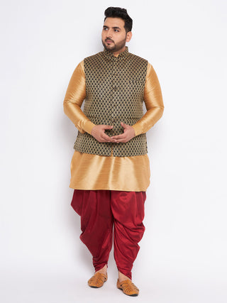 VASTRAMAY Men's Plus Size Black Ethnic Jacket With Rose Gold Silk Blend Kurta and Maroon dhoti Set