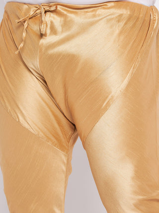 VASTRAMAY Men's Plus Size Cream Ethnic Cream Jacket With Aqua Silk Blend Kurta and Golden Pyjama Set