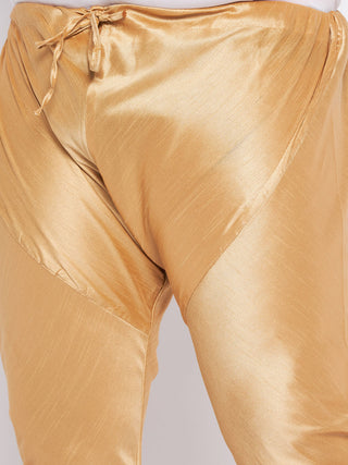 VASTRAMAY Men's Plus Size Cream Ethnic Cream Jacket With Maroon Silk Blend Kurta and Golden Pyjama Set