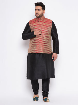 VASTRAMAY Men's Plus Size Maroon Woven Nehru Jacket With Black Kurta And Pyjama Set