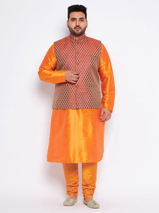 VASTRAMAY Men's Plus Size Maroon Woven Nehru Jacket With Orange Kurta And Pyjama Set