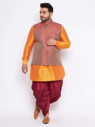 VASTRAMAY Men's Plus Size Maroon Woven jacket And Orange kurta And Dhoti Set