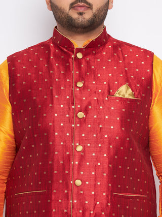 VASTRAMAY Men's Plus Size Maroon Zari Weaved Nehru Jacket With Curved Kurta Dhoti set