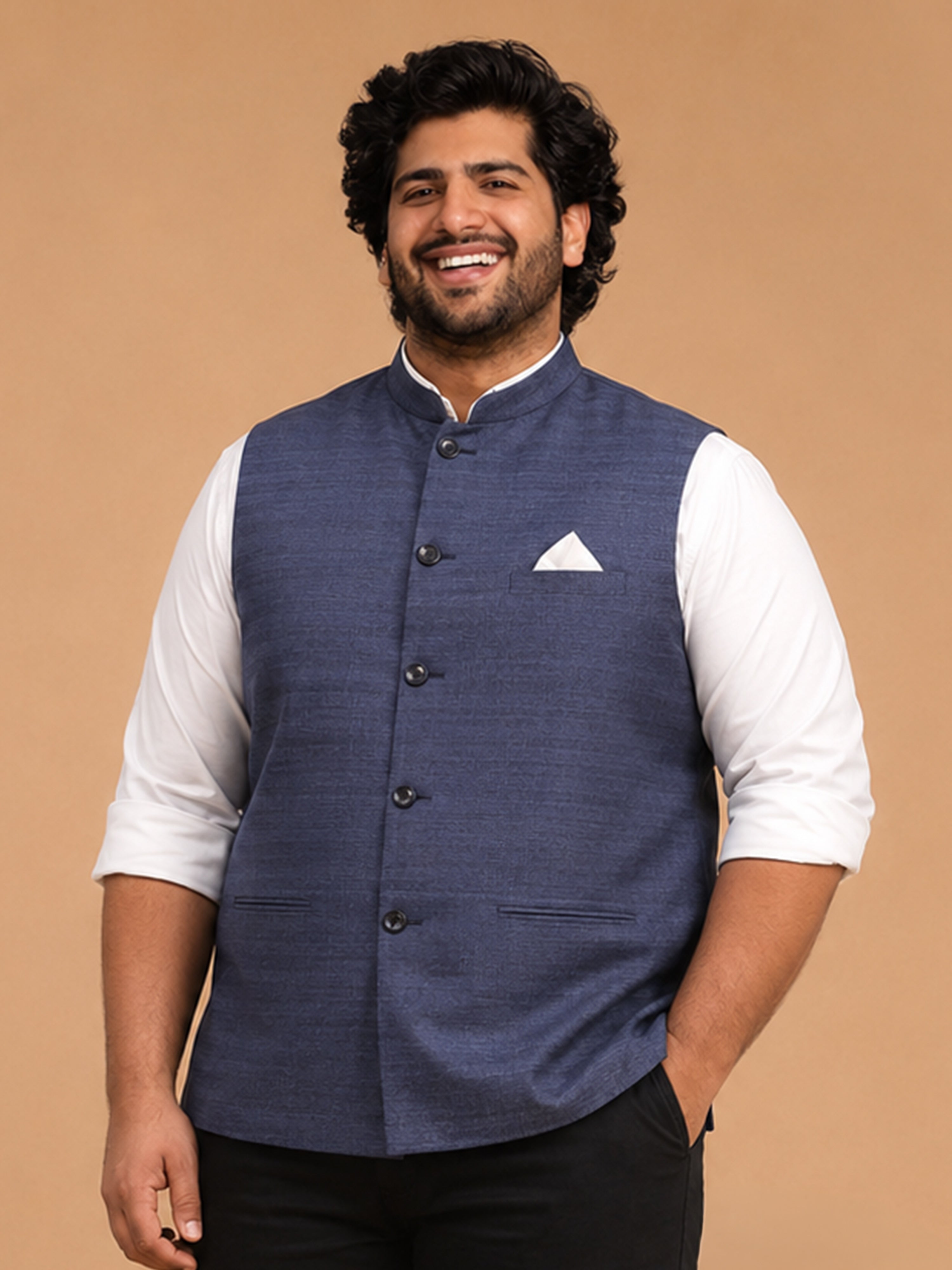 Men Navy Blue Silk Blend Textured Nehru Jacket