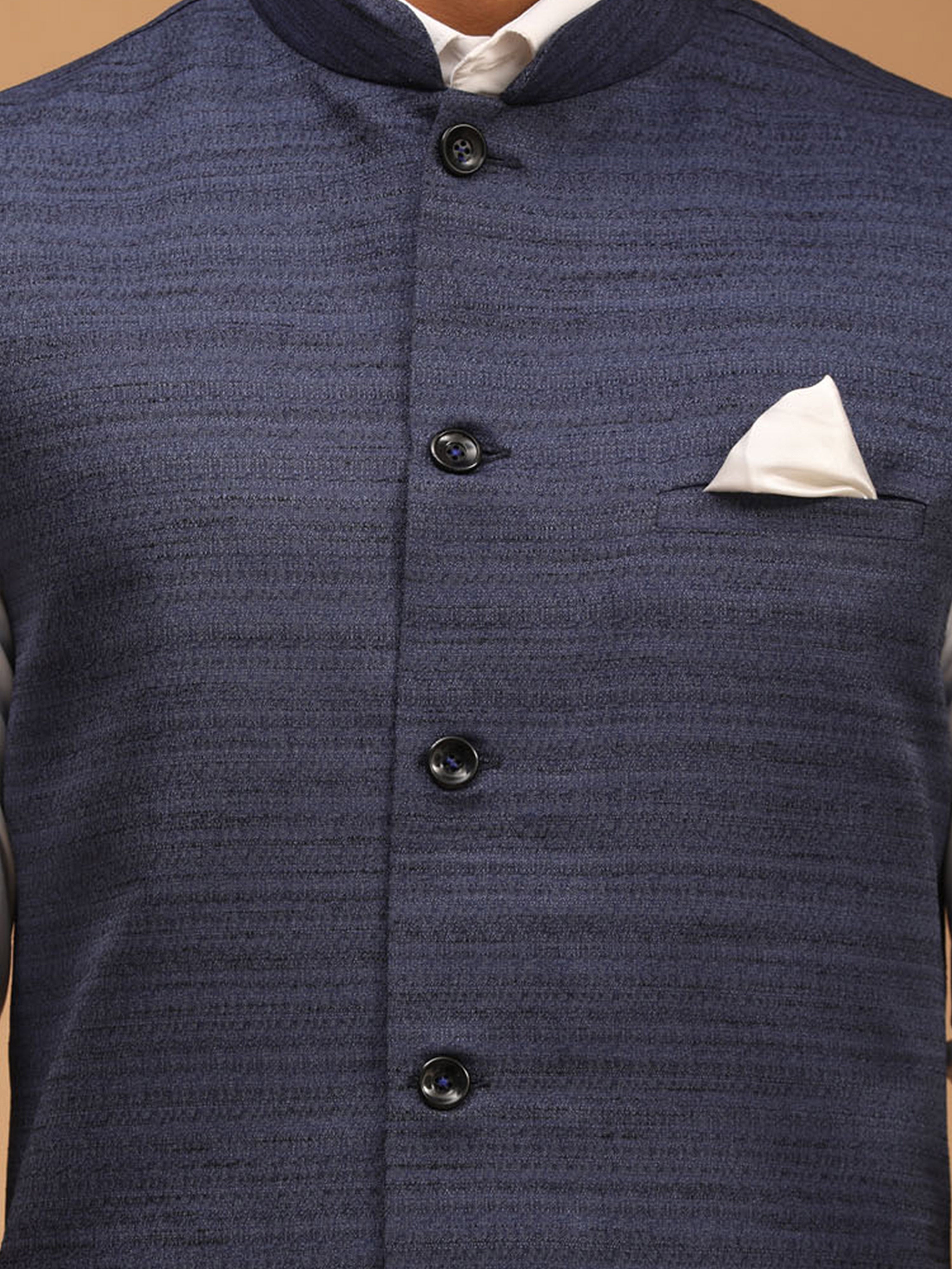 Men's Navy Blue Silk Blend Self Design Regular Nehru Jacket