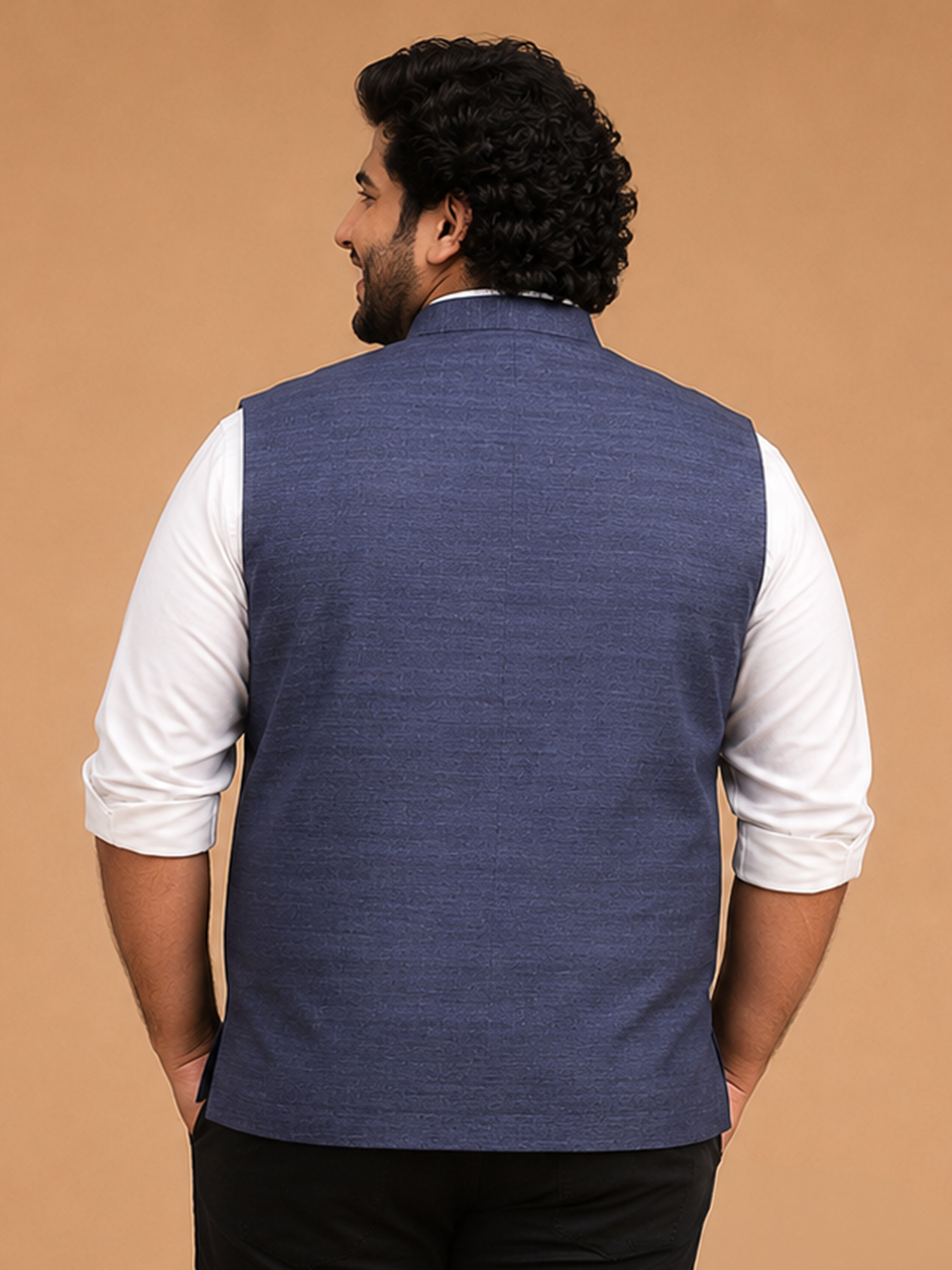 Men Navy Blue Self Design Self-Design Regular Nehru Jacket