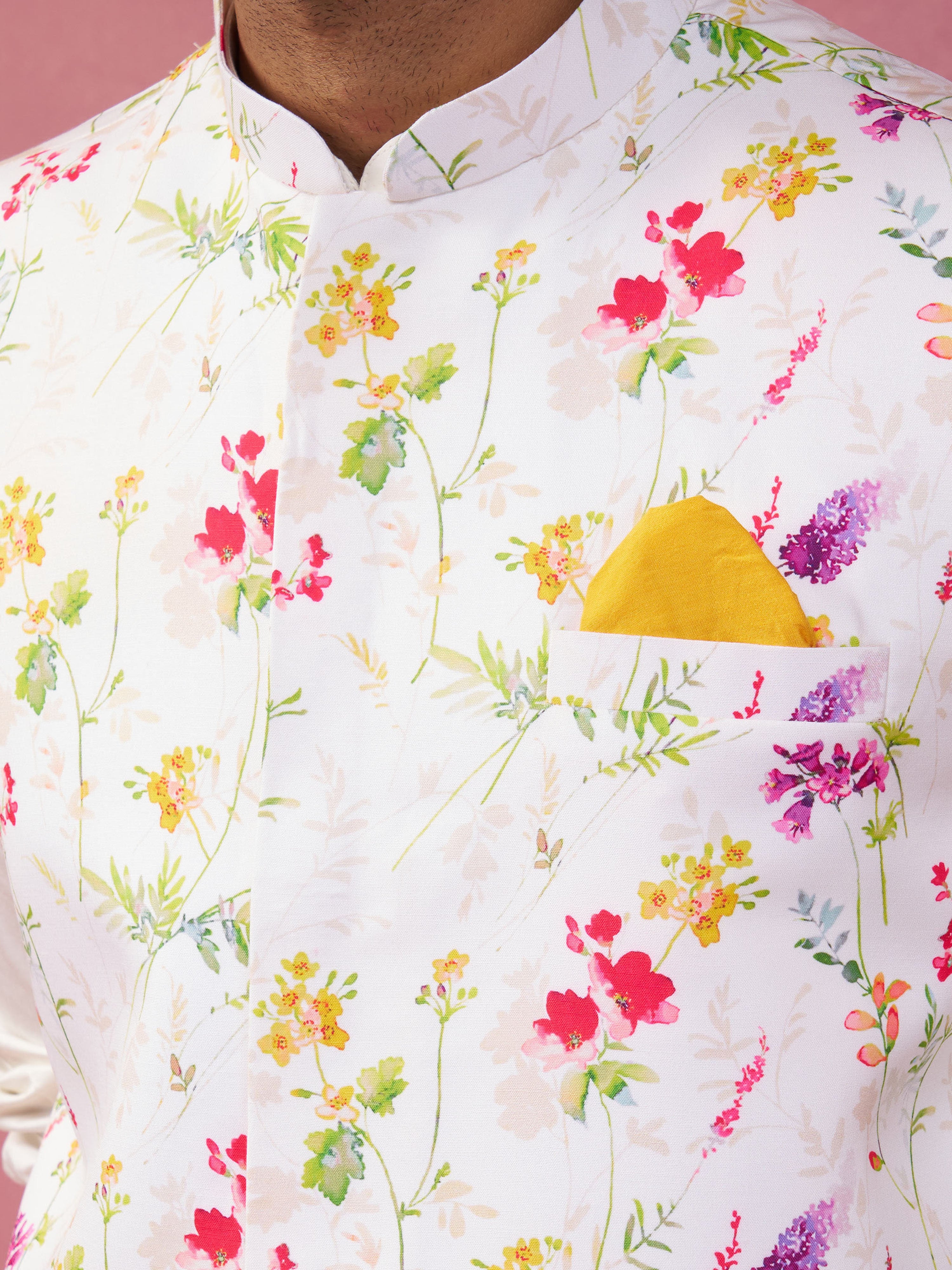 Men's White Silk Blend Floral Regular Nehru Jacket
