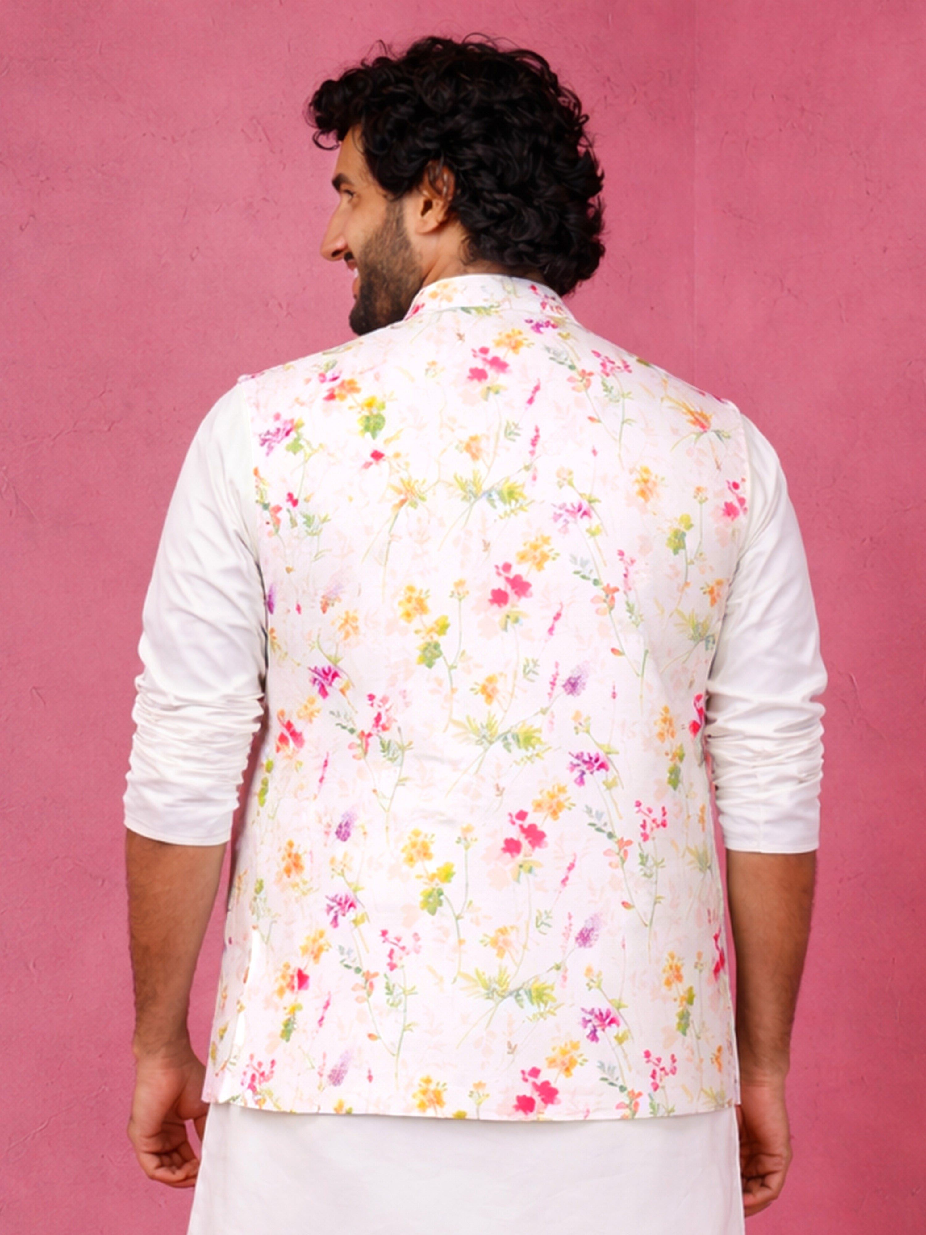 Men's White Silk Blend Floral Regular Nehru Jacket