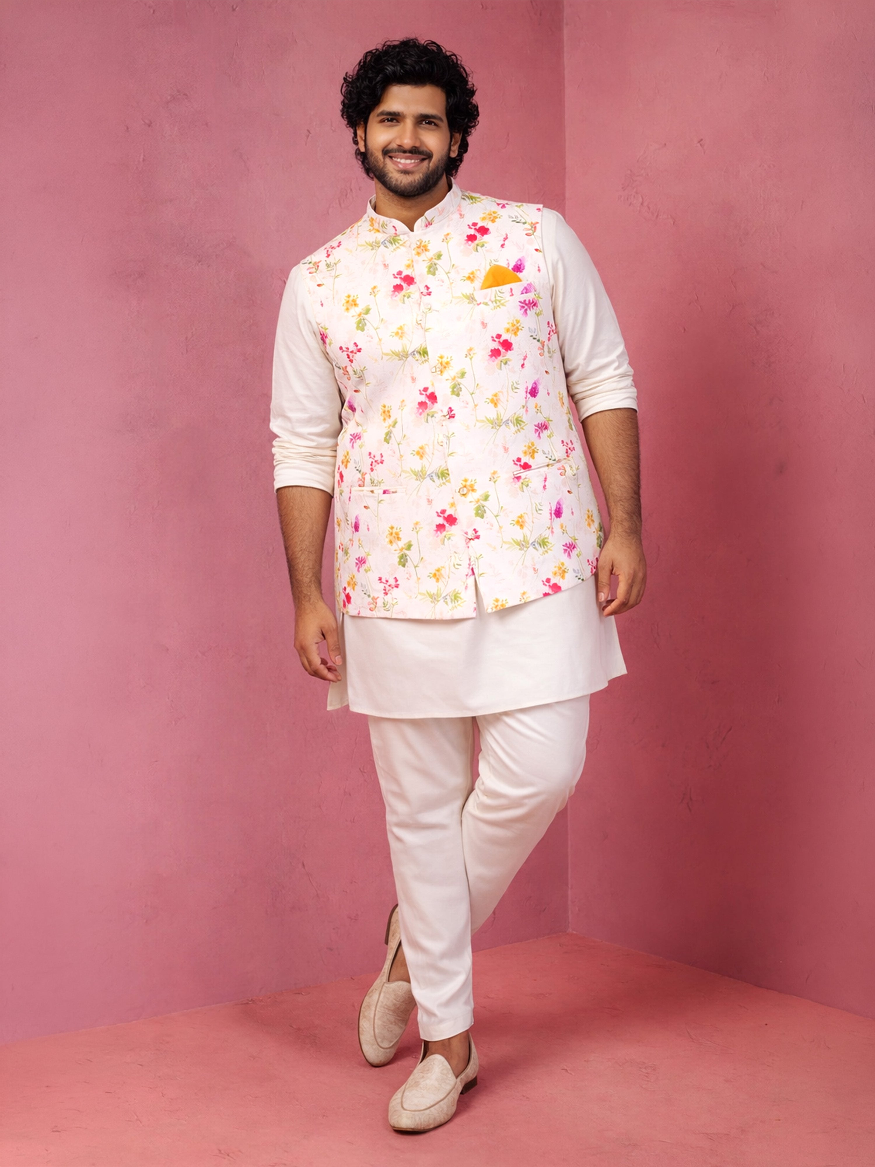 Men Off-White Floral Plain Regular Nehru Jacket