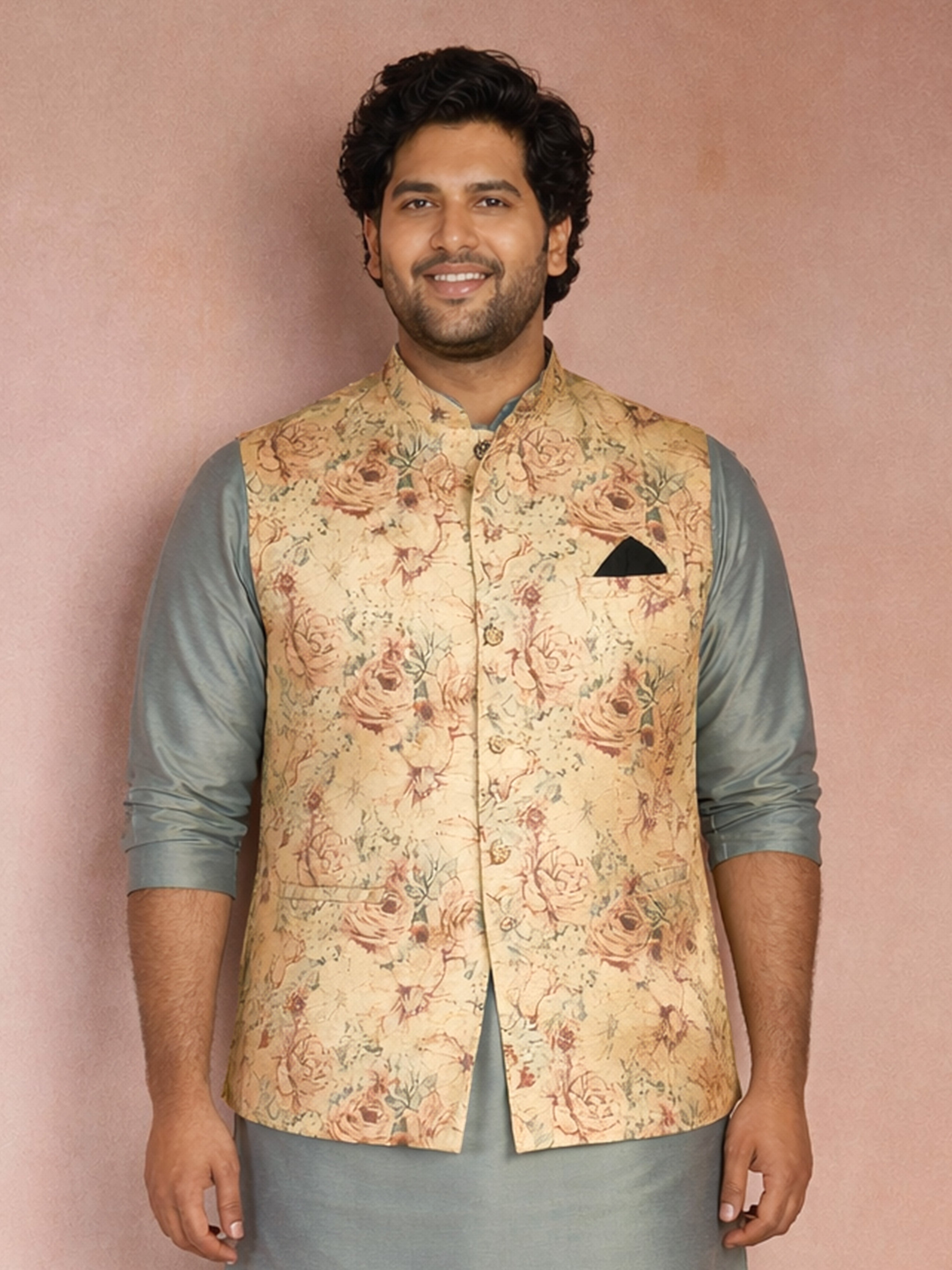 Beige Silk Blend Floral Print Nehru Jacket for Men