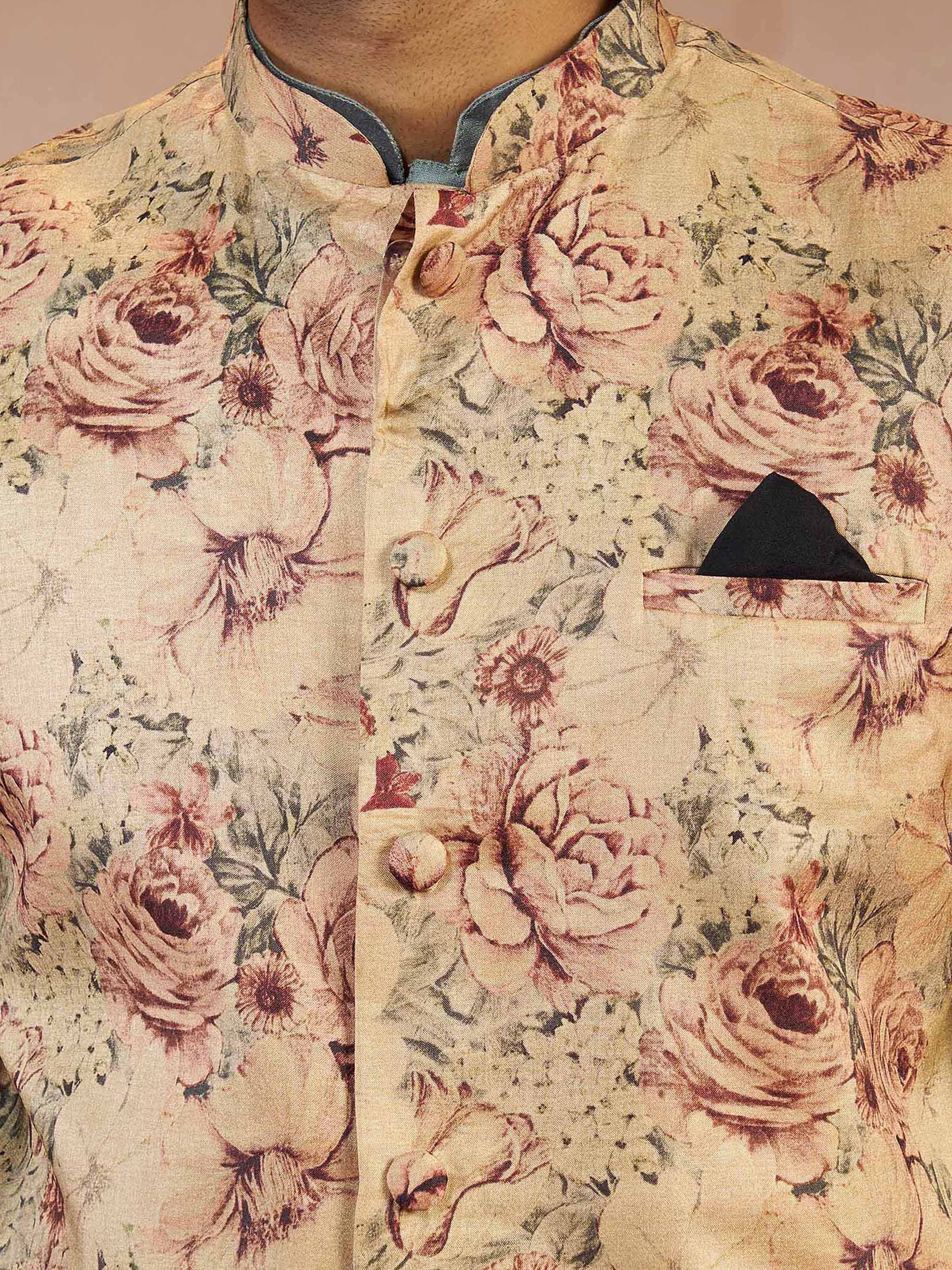 Men's Beige Silk Blend Floral Regular Nehru Jacket