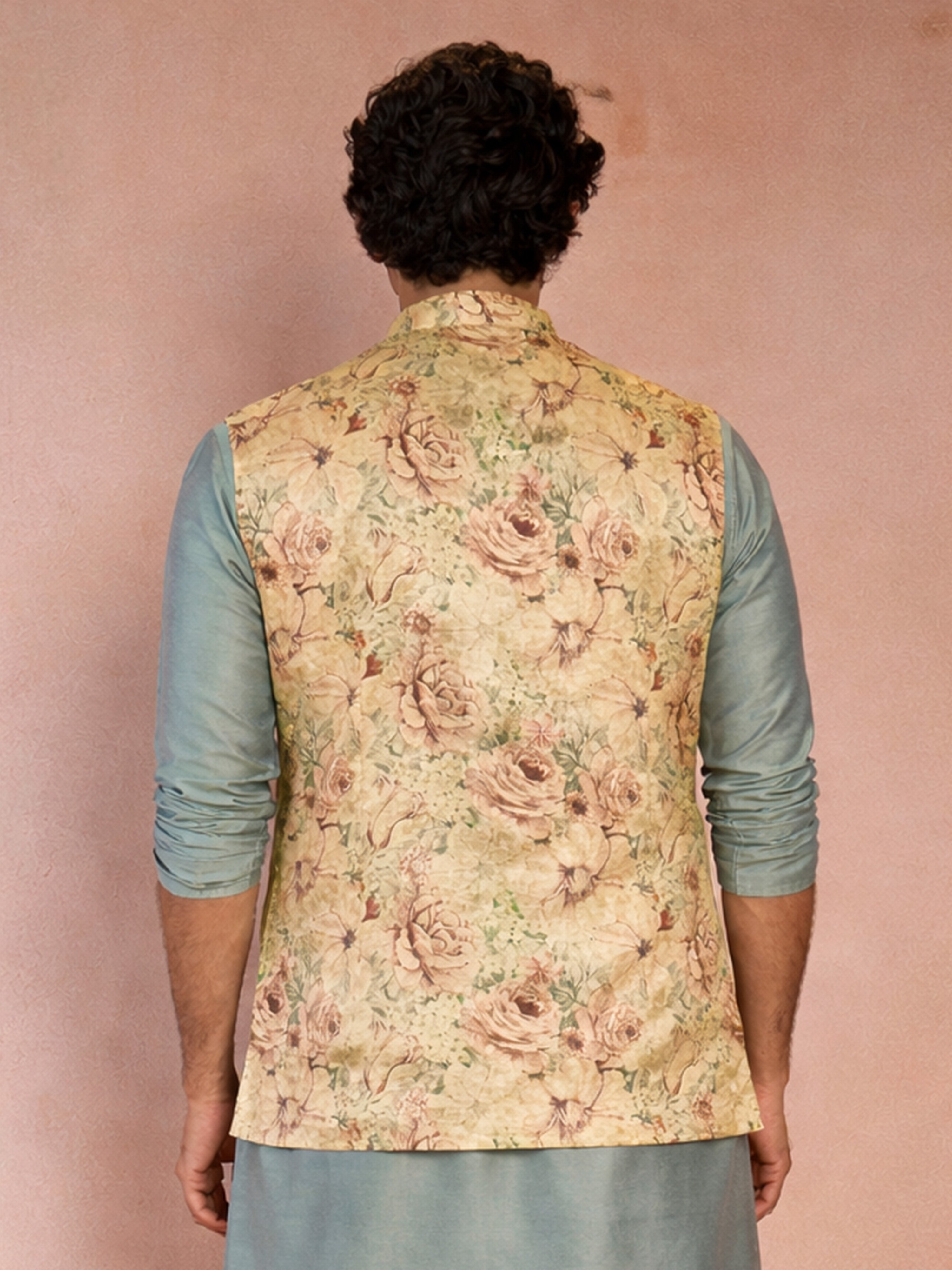 Men's Beige Silk Blend Floral Regular Nehru Jacket