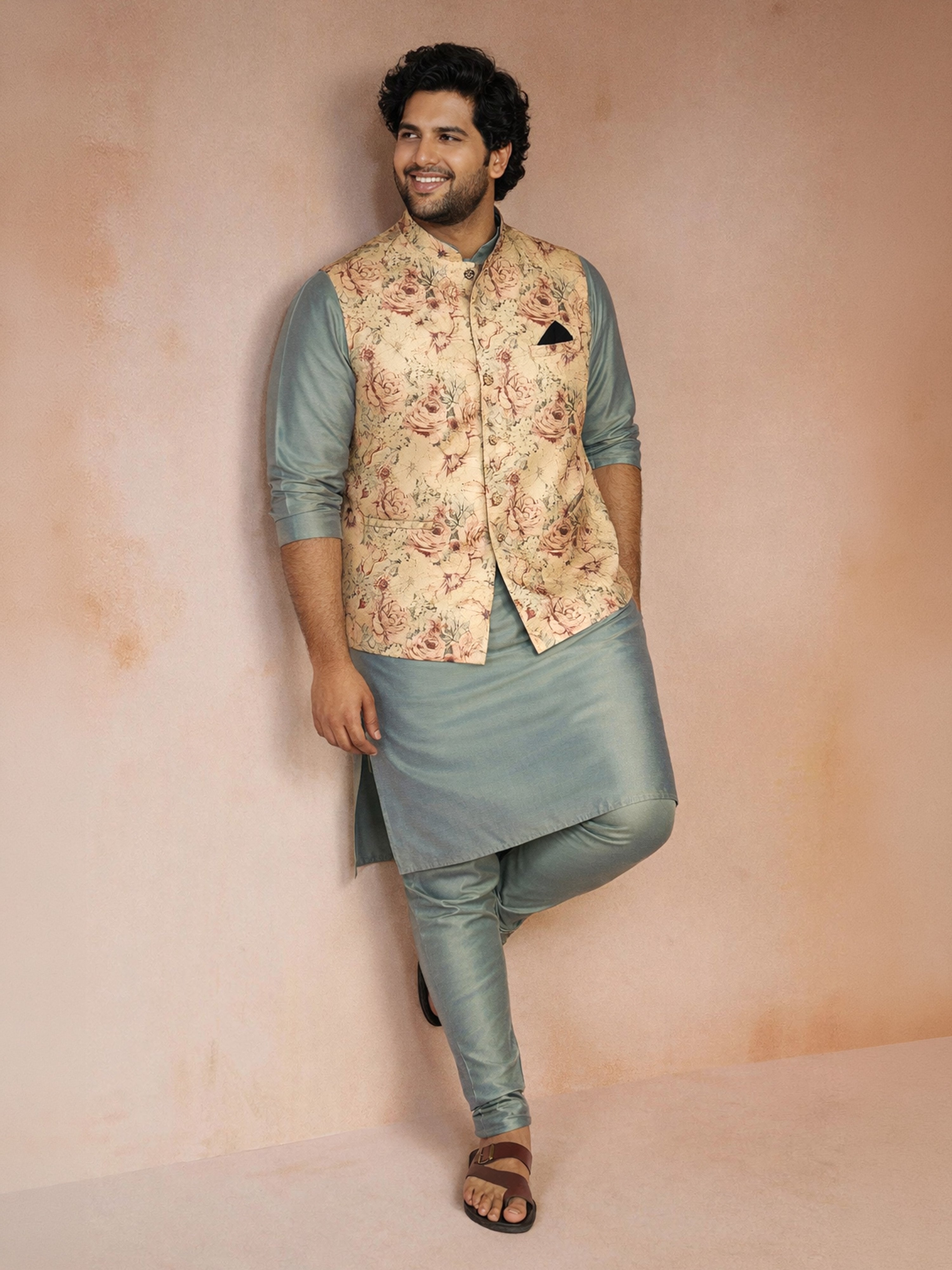 Men's Beige Silk Blend Floral Regular Nehru Jacket