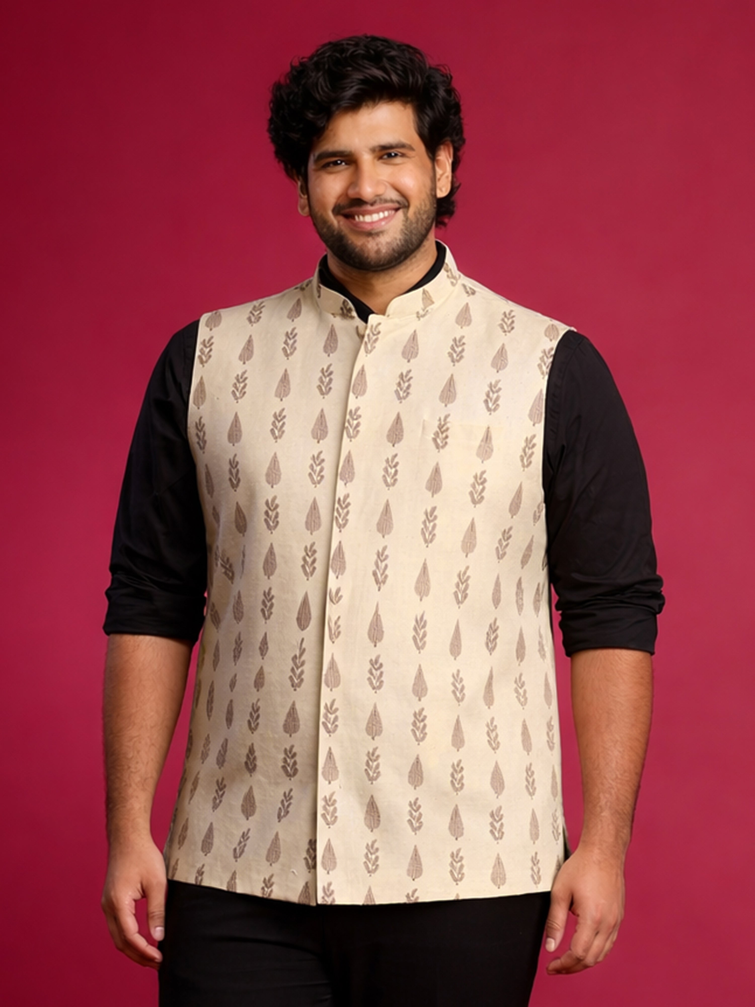 Men's Beige Cotton Floral Print Nehru Jacket