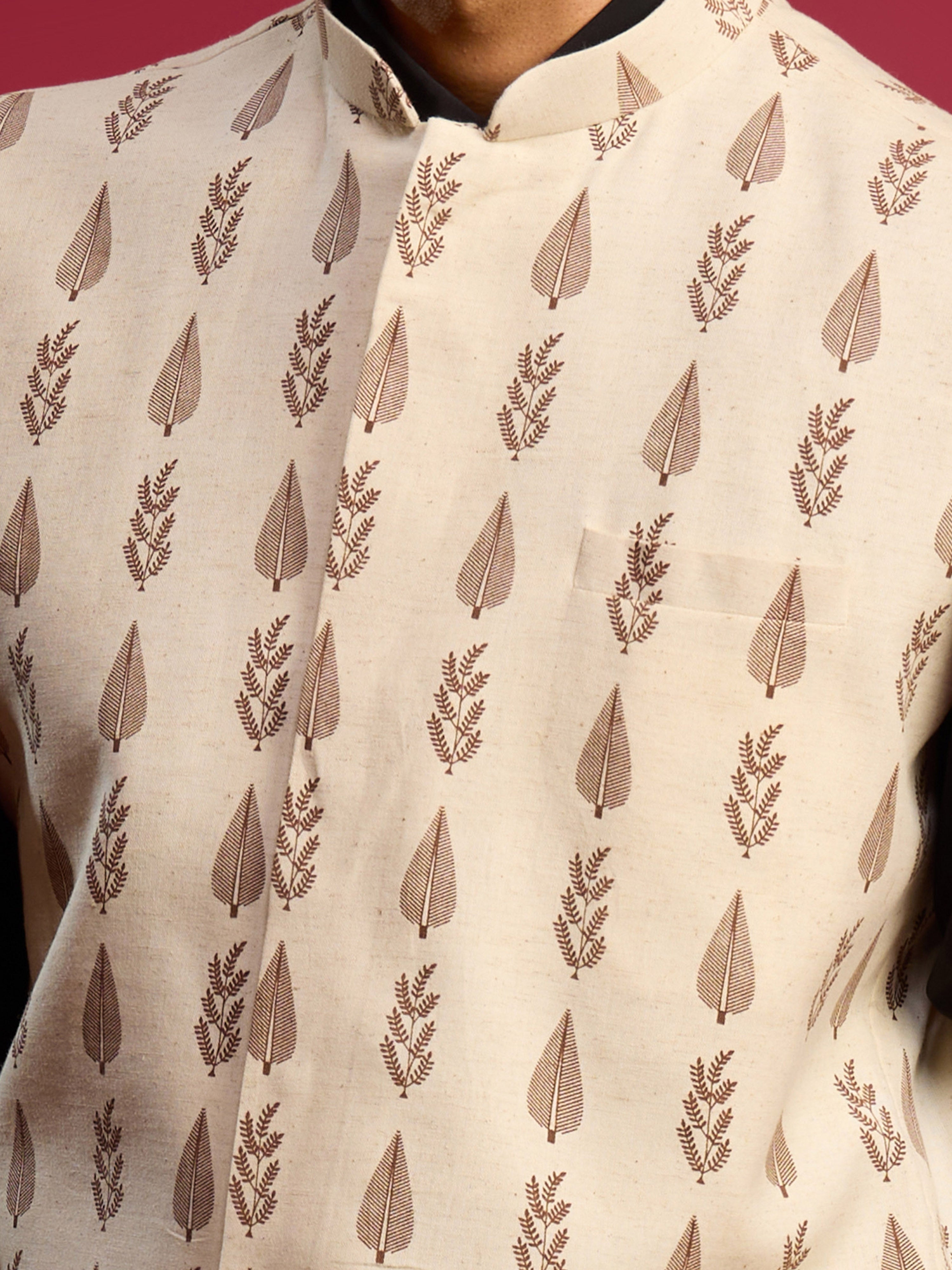 Men's Beige Cotton Floral Regular Nehru Jacket