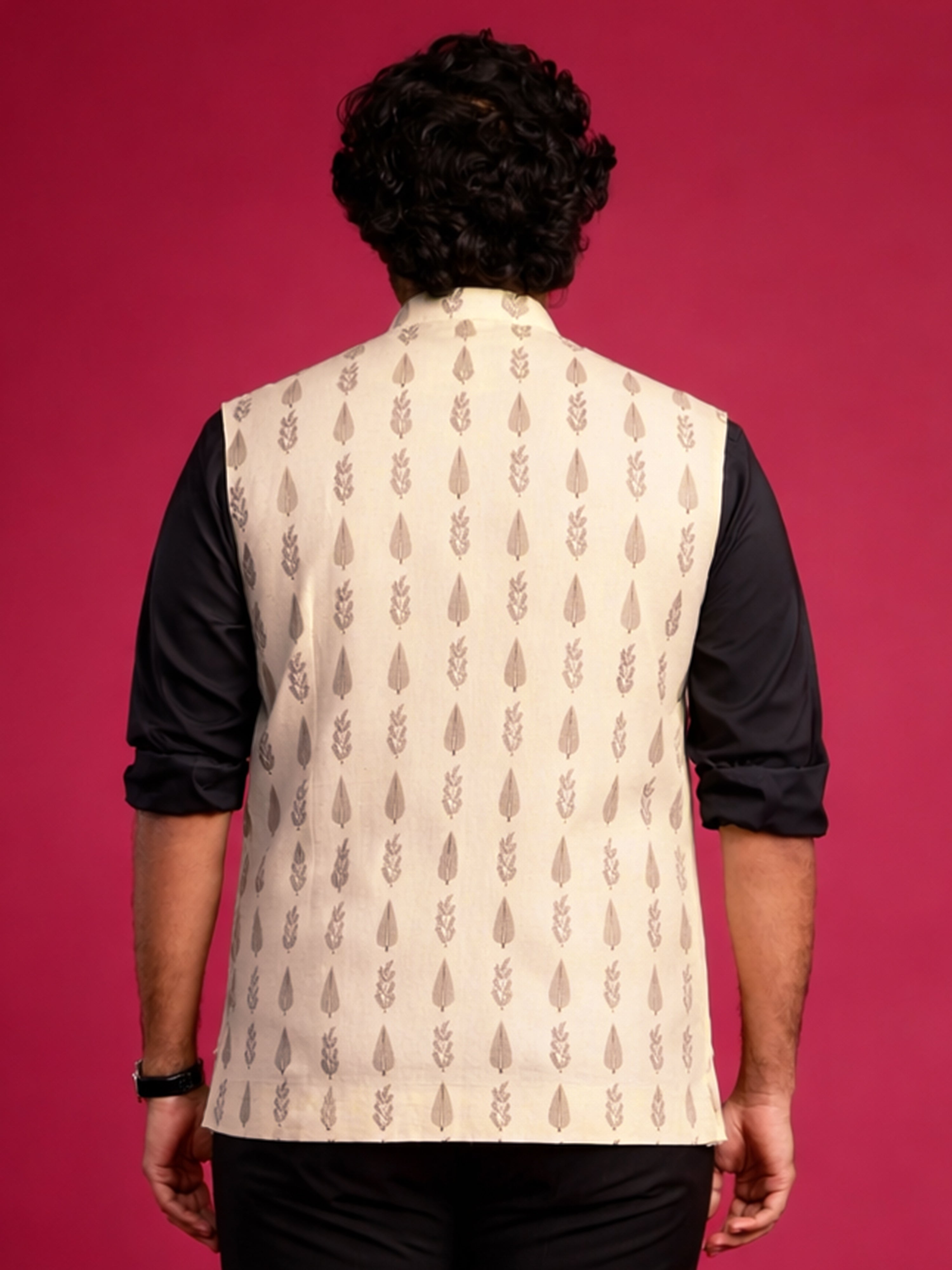 Men's Beige Cotton Floral Regular Nehru Jacket
