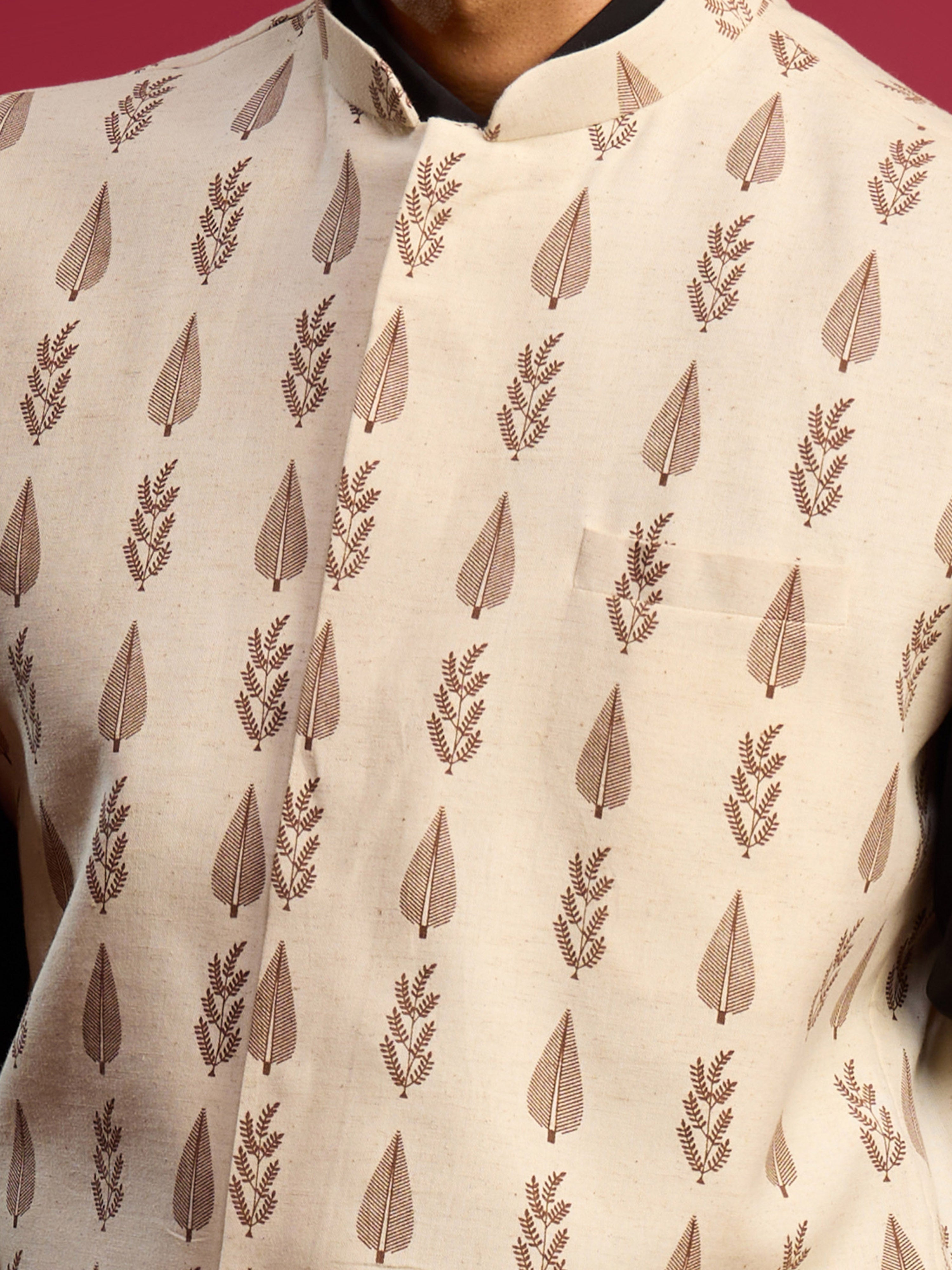 Men Cream Floral Plain Undetermined Nehru Jacket