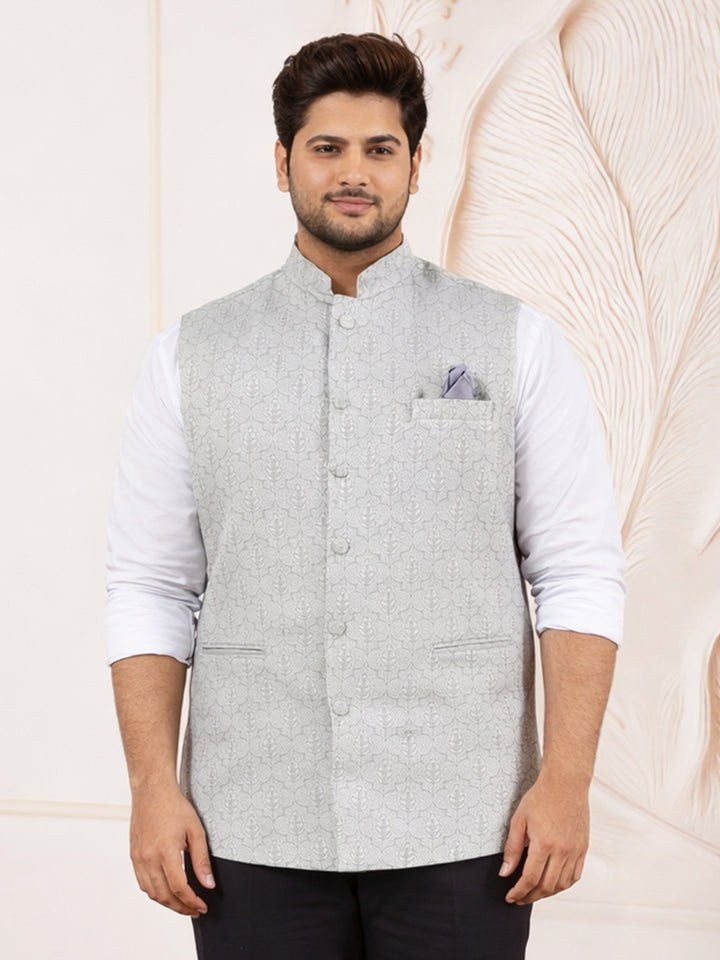 Light Grey Silk Blend Self-Design Nehru Jacket for Men