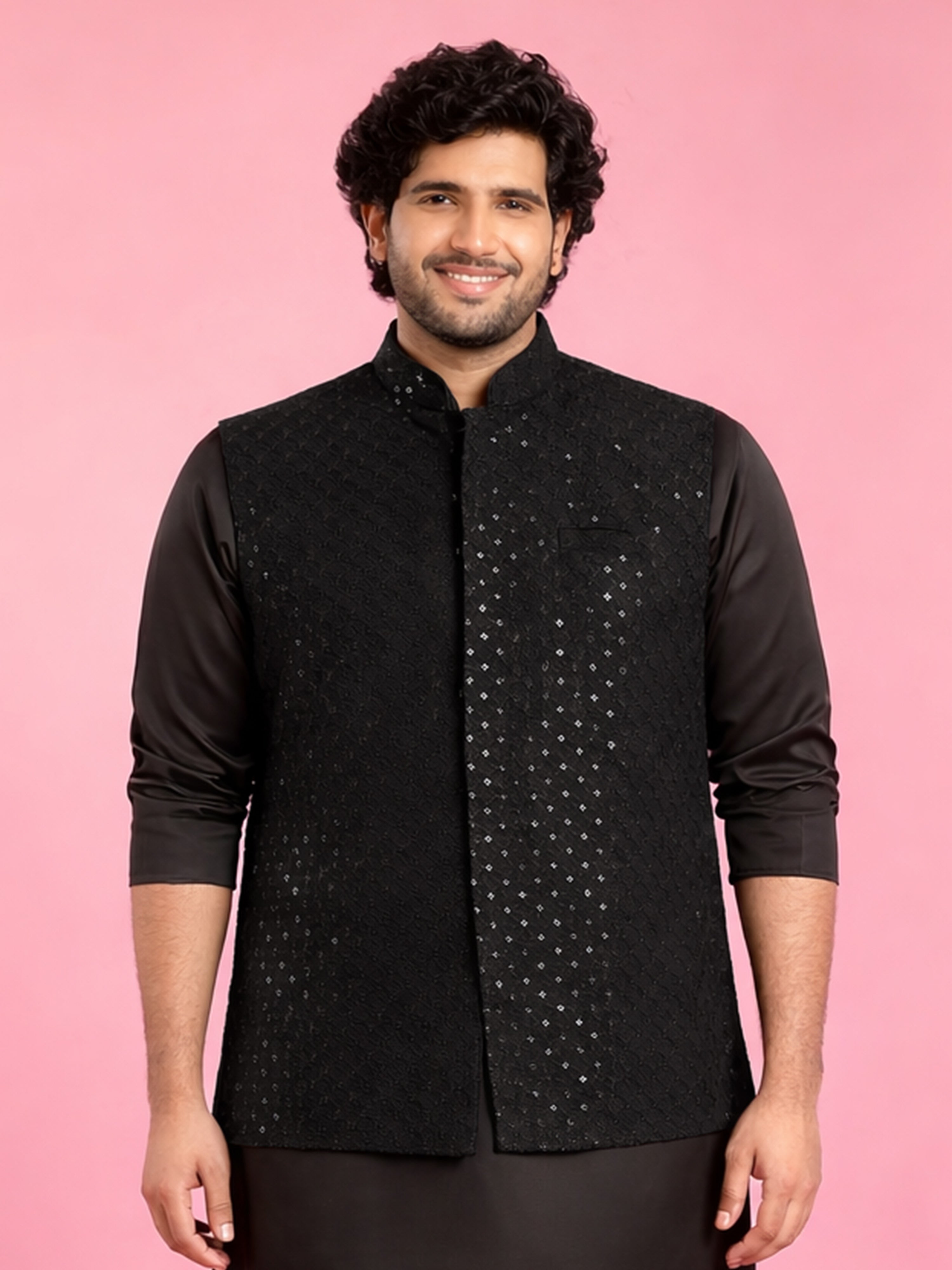 Men's Black Cotton Blend Geometric Sequin Nehru Jacket