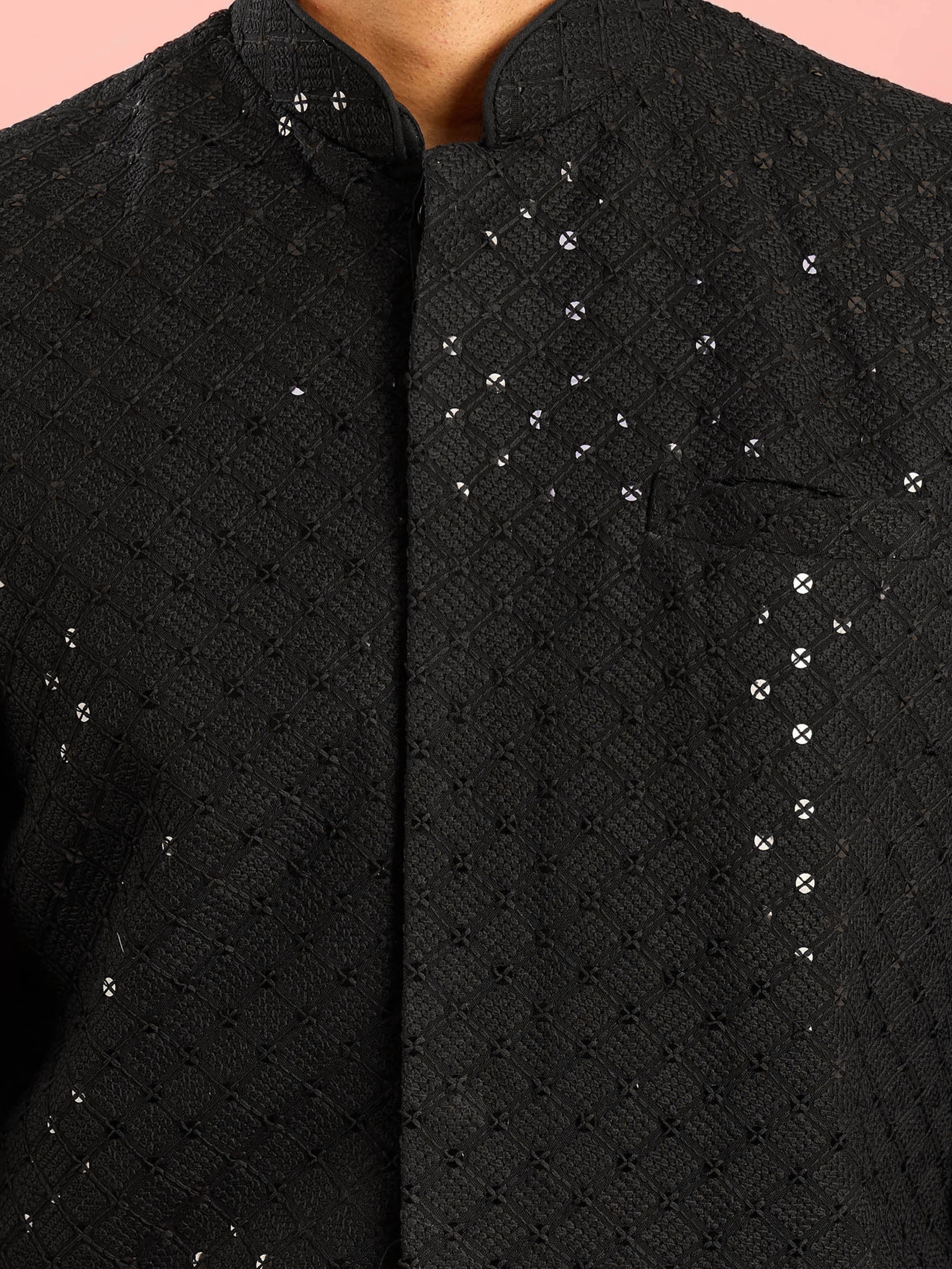 Men's Black Cotton Blend Geometry Regular Nehru Jacket