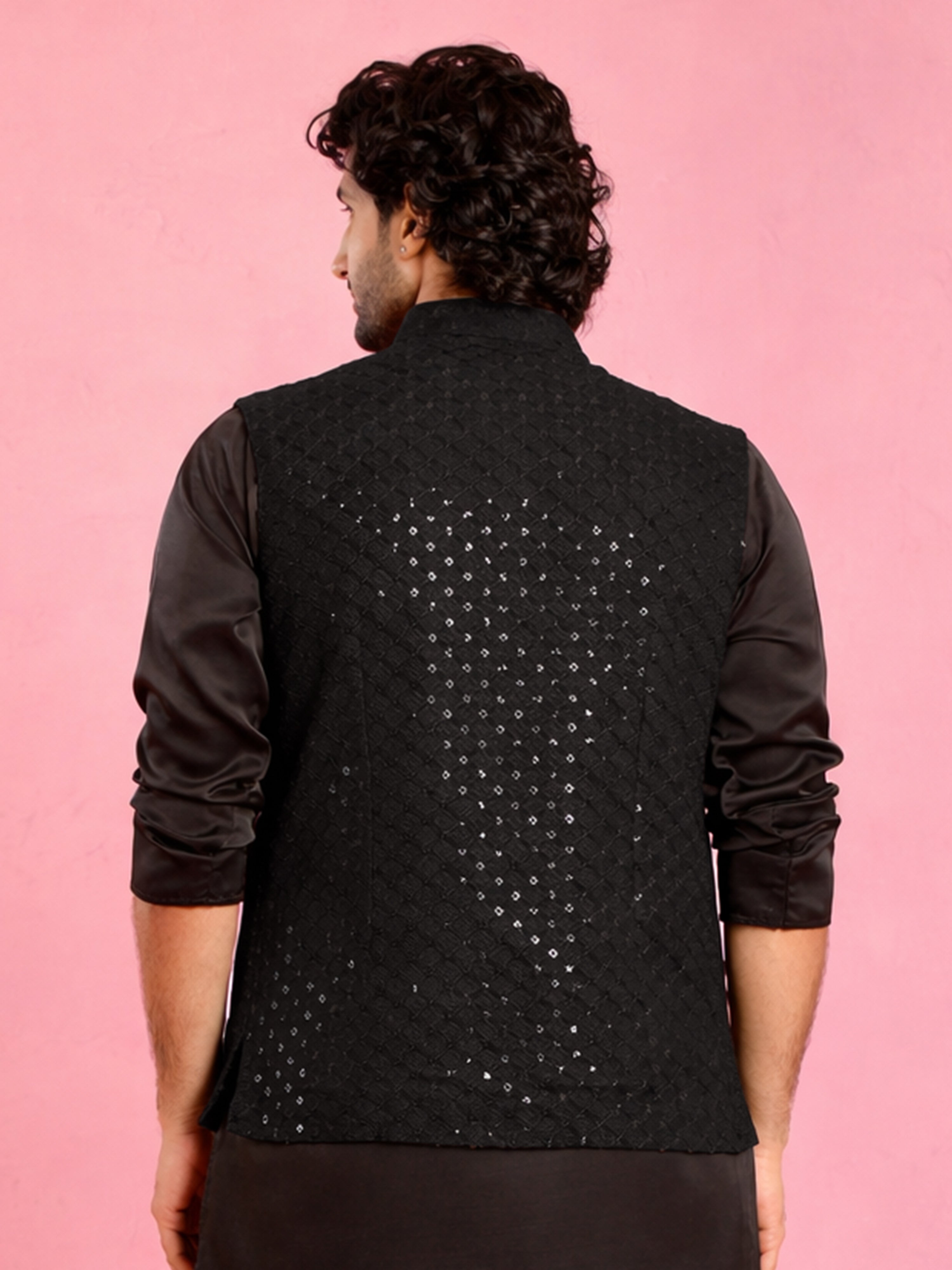 Men's Black Cotton Blend Geometry Regular Nehru Jacket