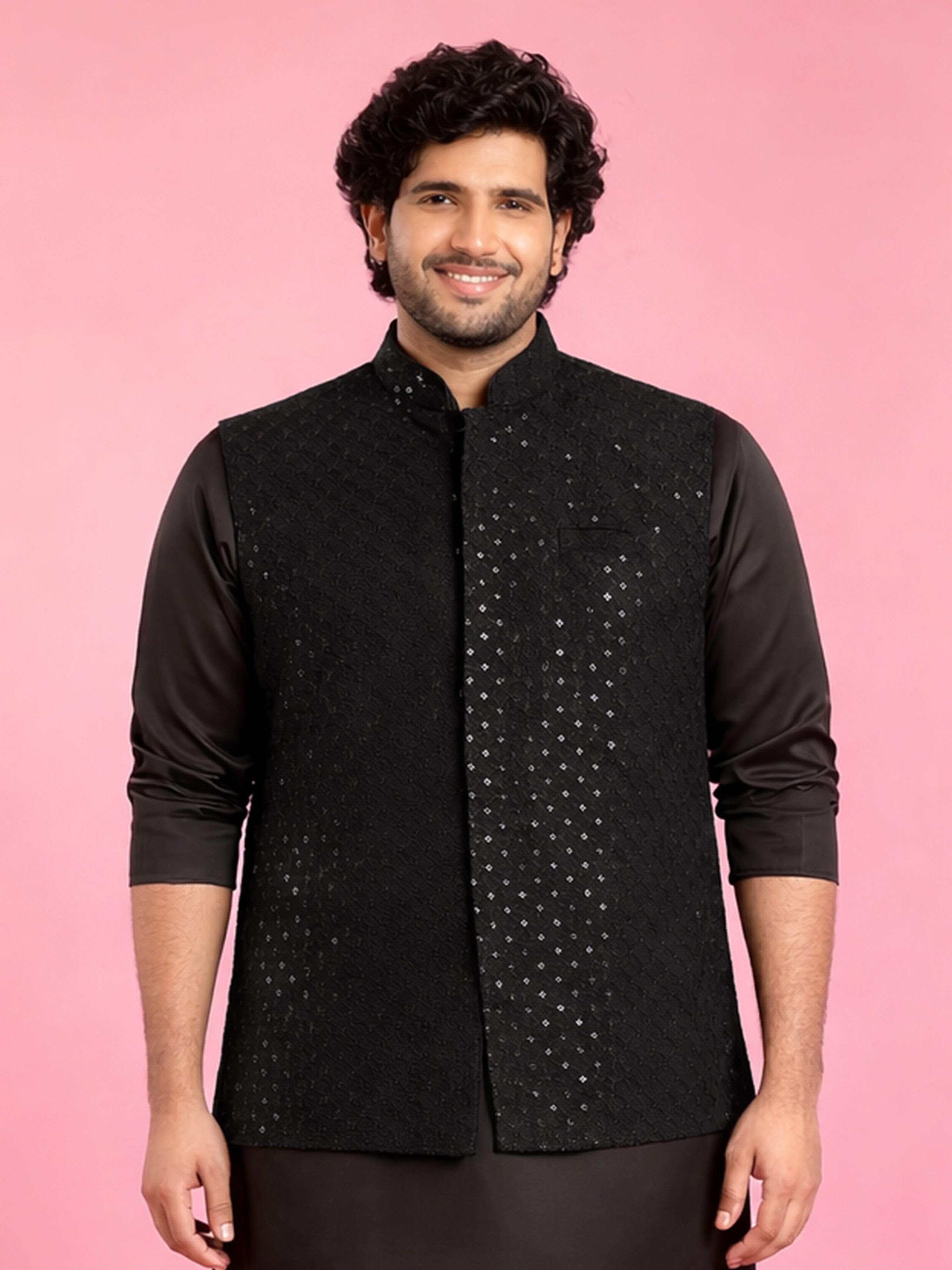 Men Black Geometry Self-Design Regular Nehru Jacket