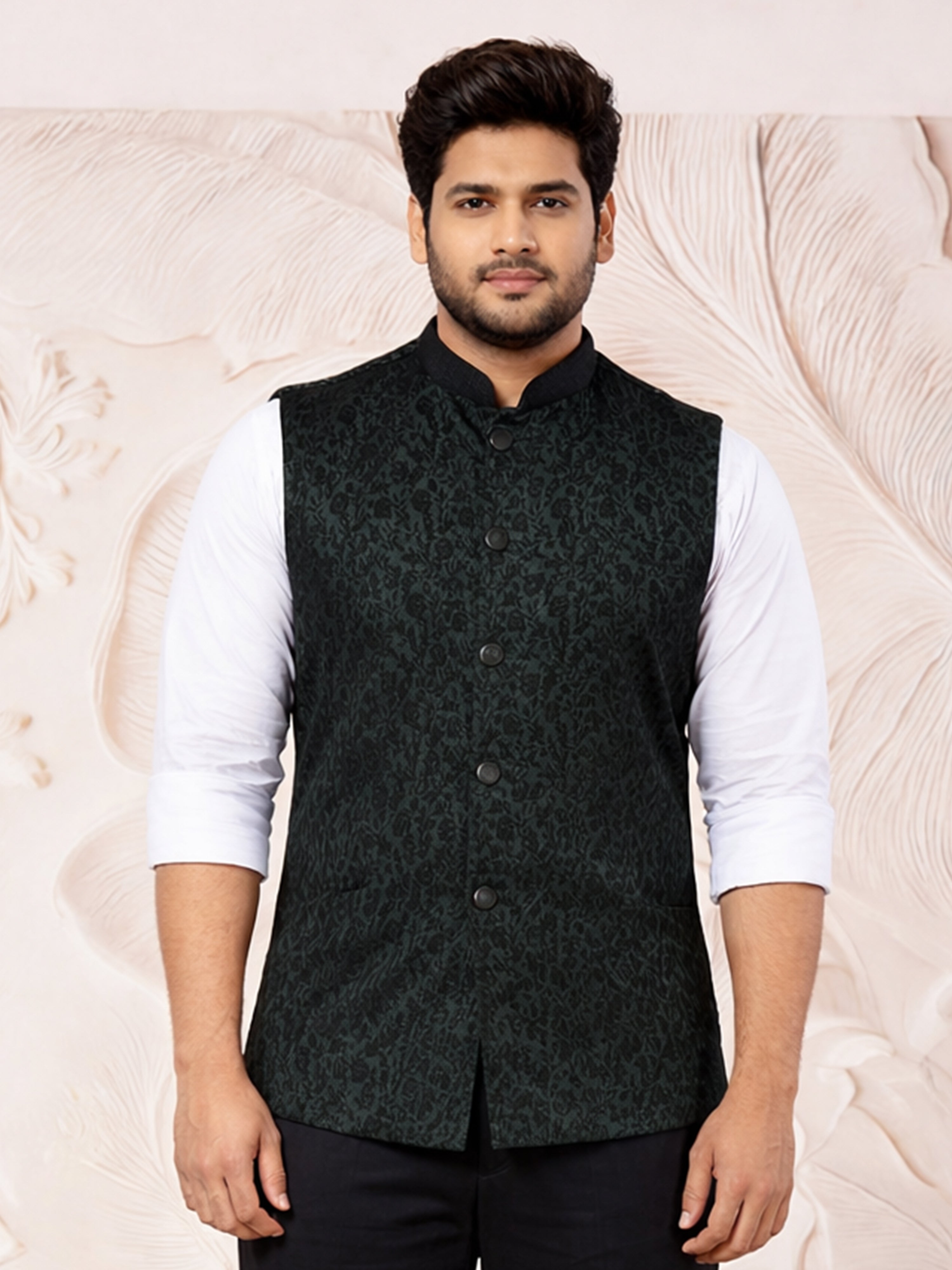 Dark Green Silk Blend Geometric Jacquard Nehru Jacket