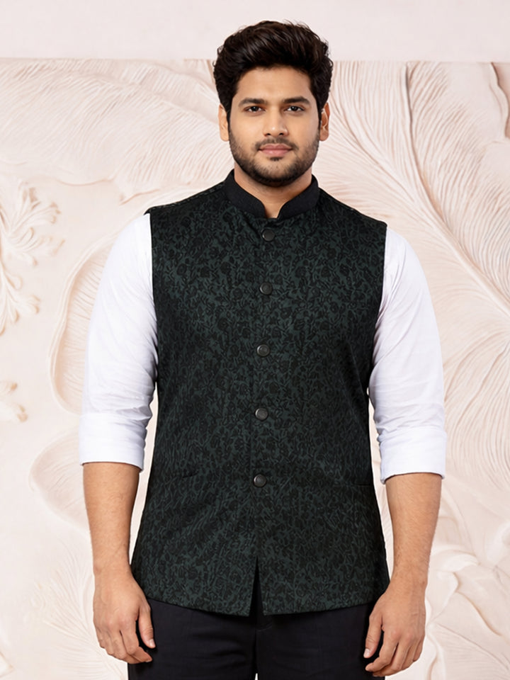 Dark Green Silk Blend Geometric Jacquard Nehru Jacket