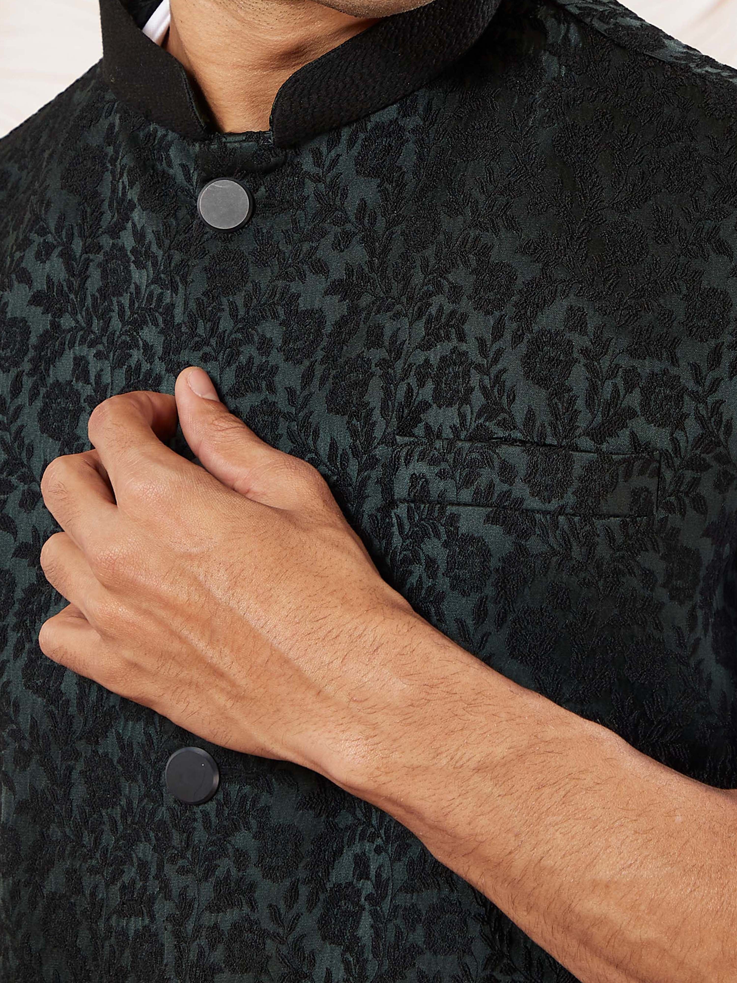 Men's Dark Green Silk Blend Geometry Regular Nehru Jacket