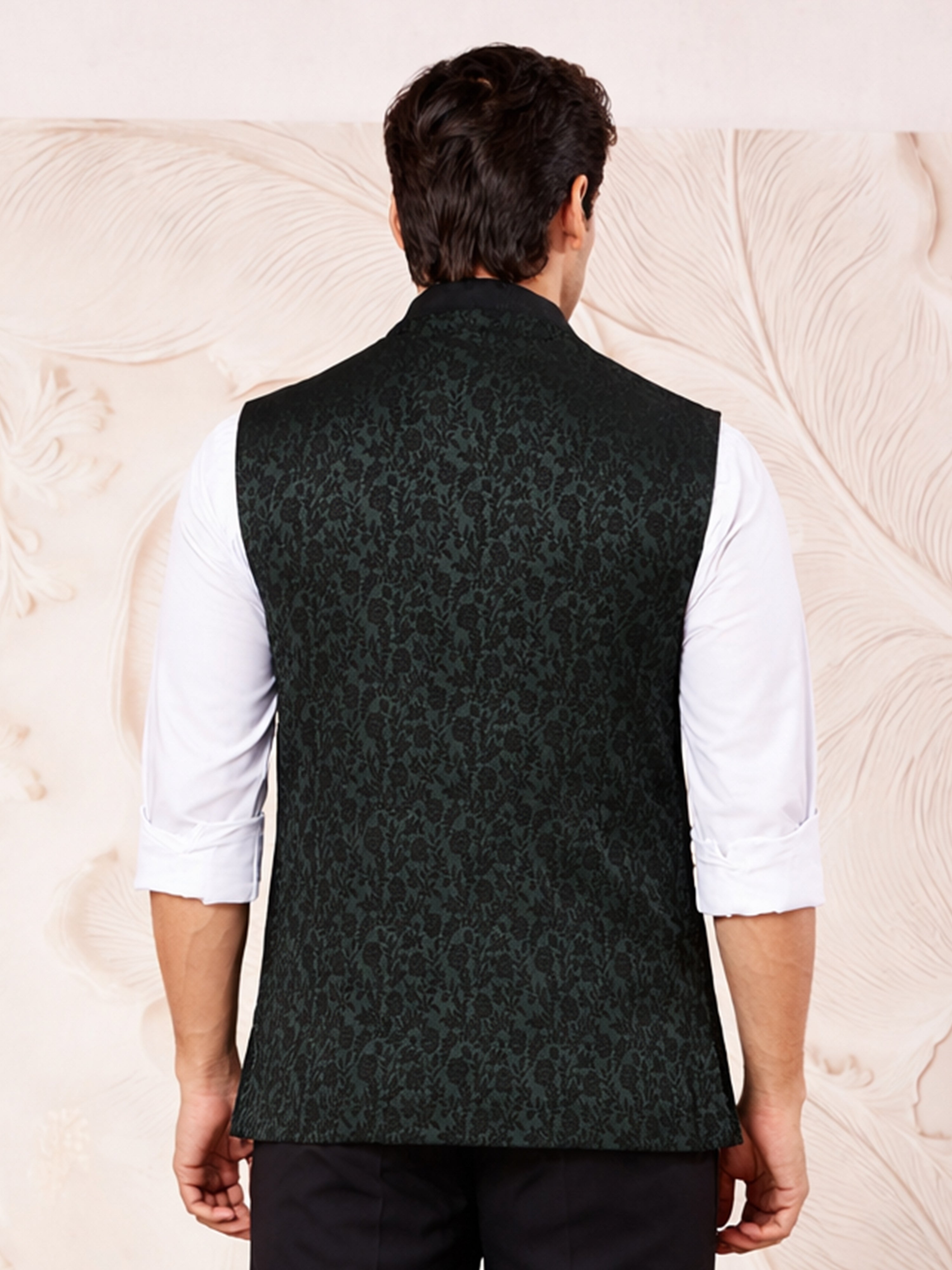 Men's Dark Green Silk Blend Geometry Regular Nehru Jacket