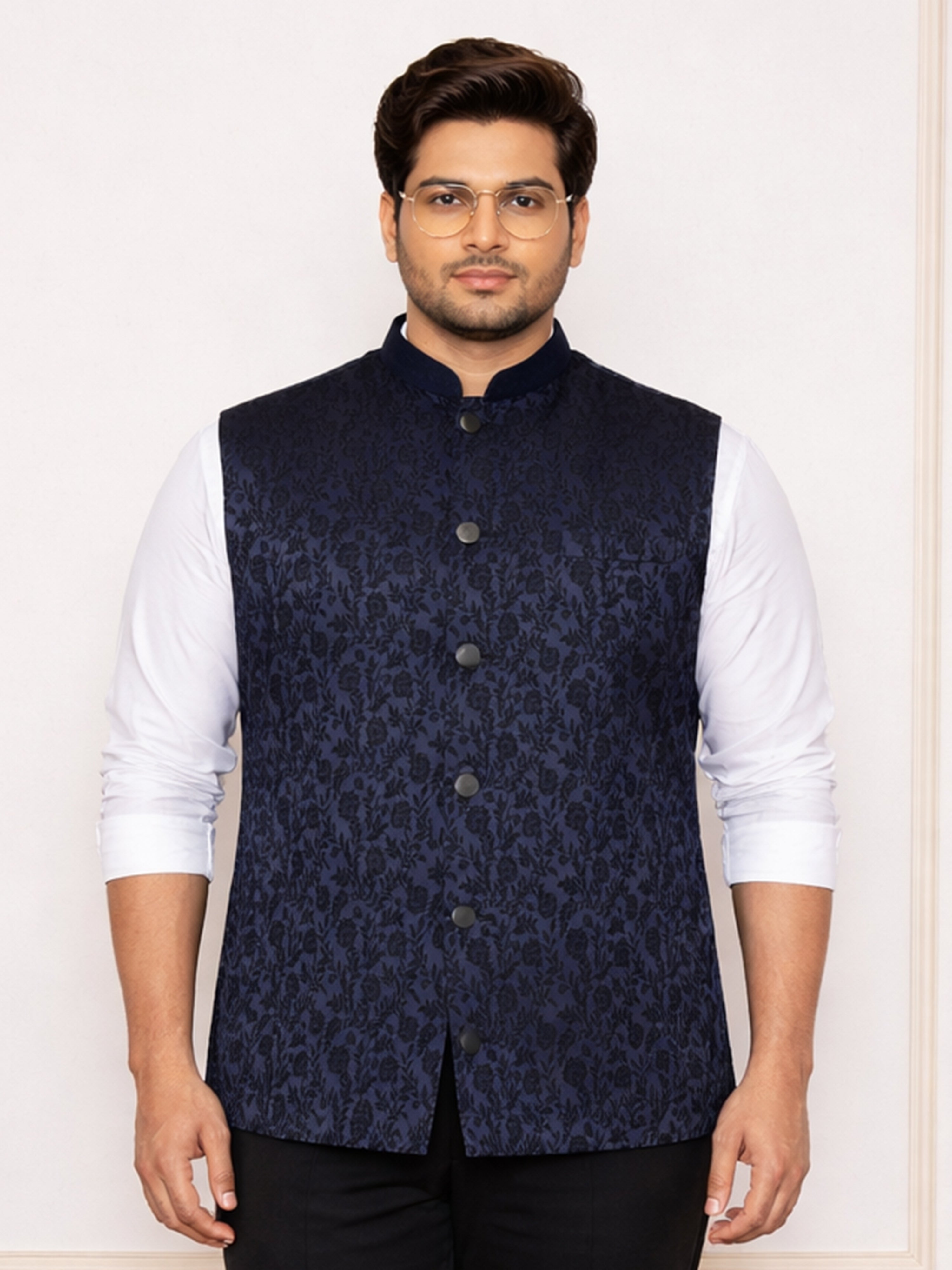 Men's Navy Blue Silk Blend Geometric Nehru Jacket