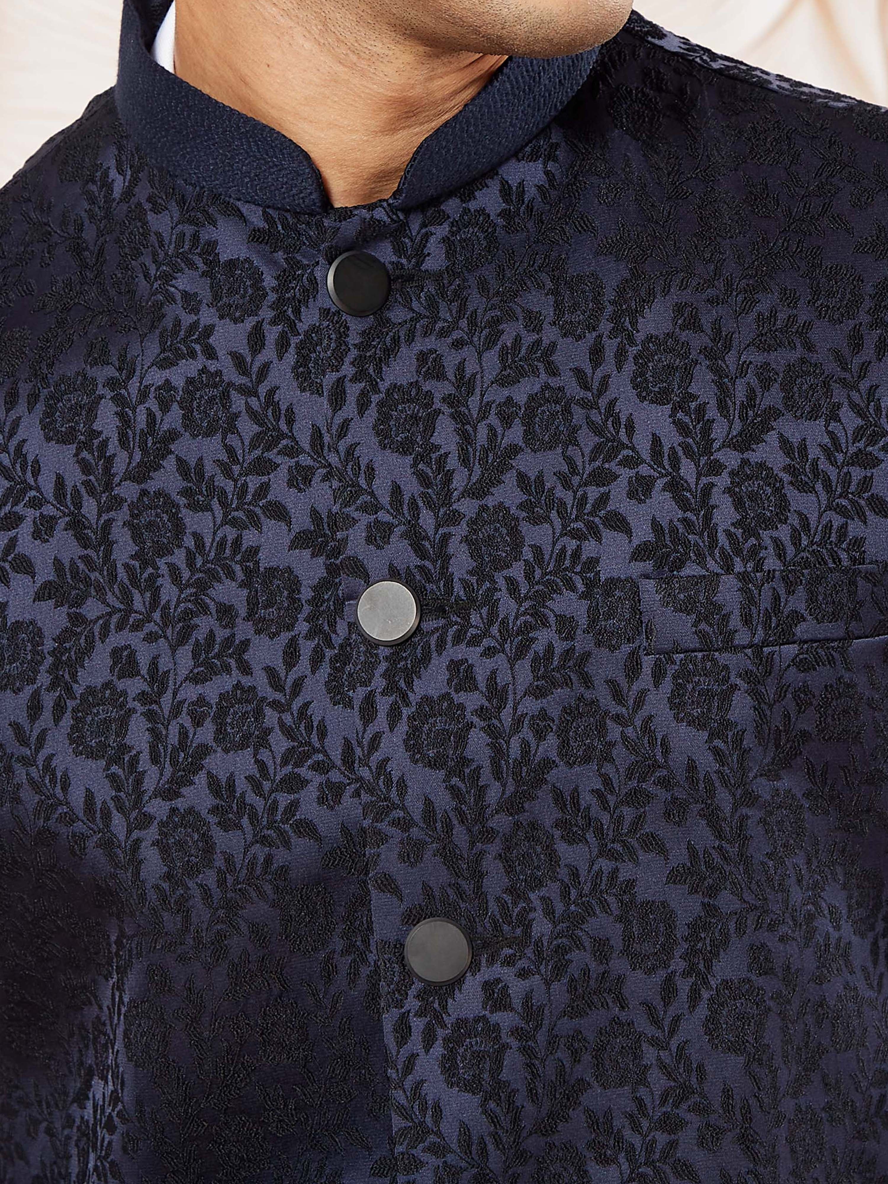 Men's Navy Blue Silk Blend Geometry Regular Nehru Jacket