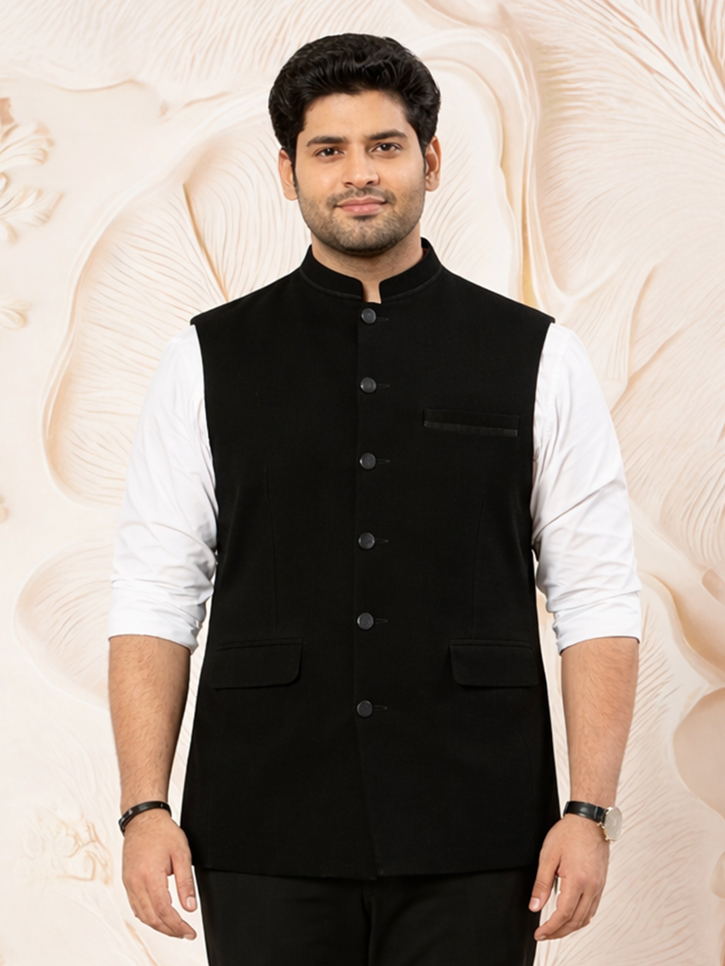 Men's Black Nehru Jacket in Imported Suiting Lycra