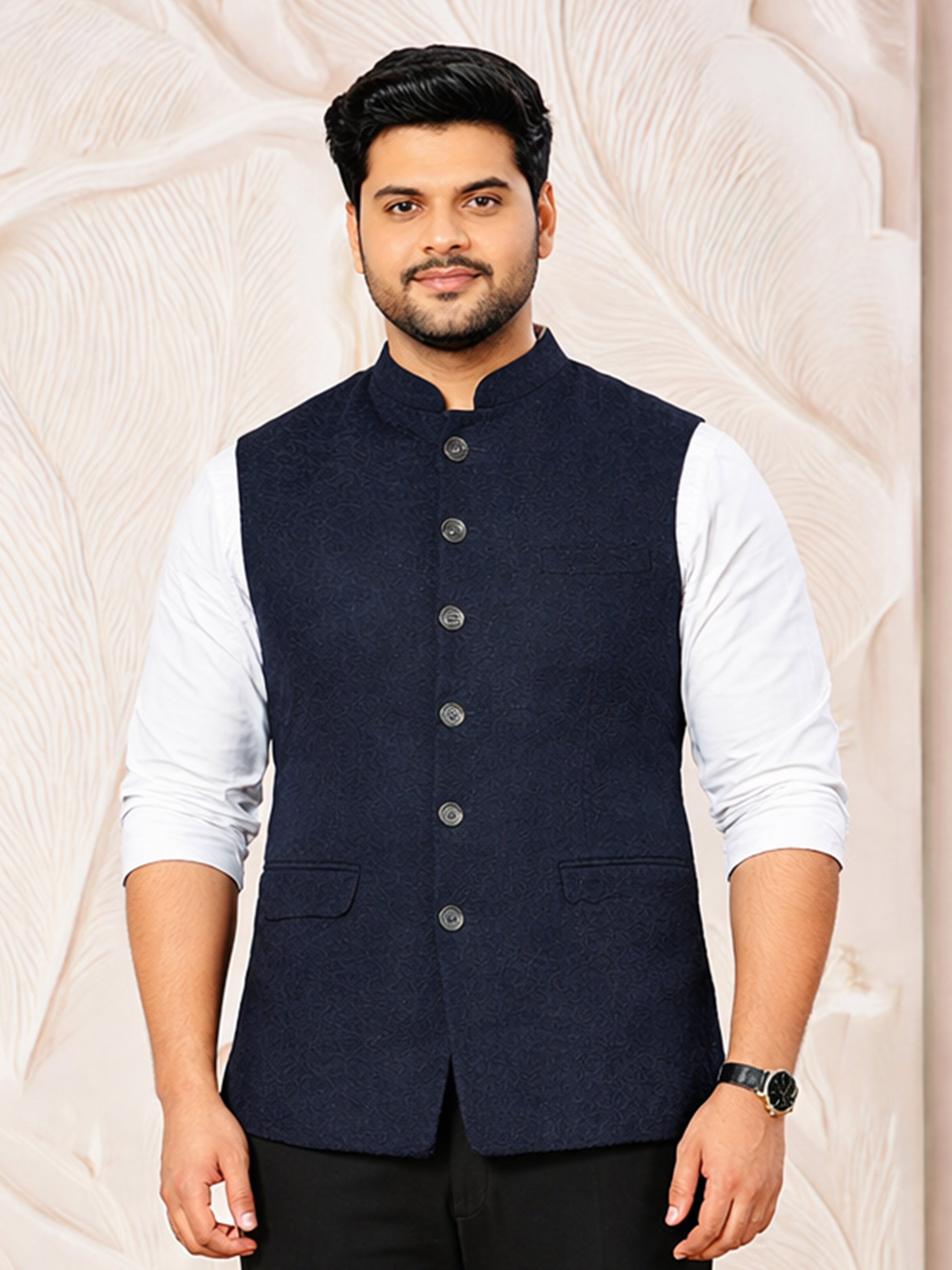 Navy Blue Jacquard Nehru Jacket with Abstract Self Design