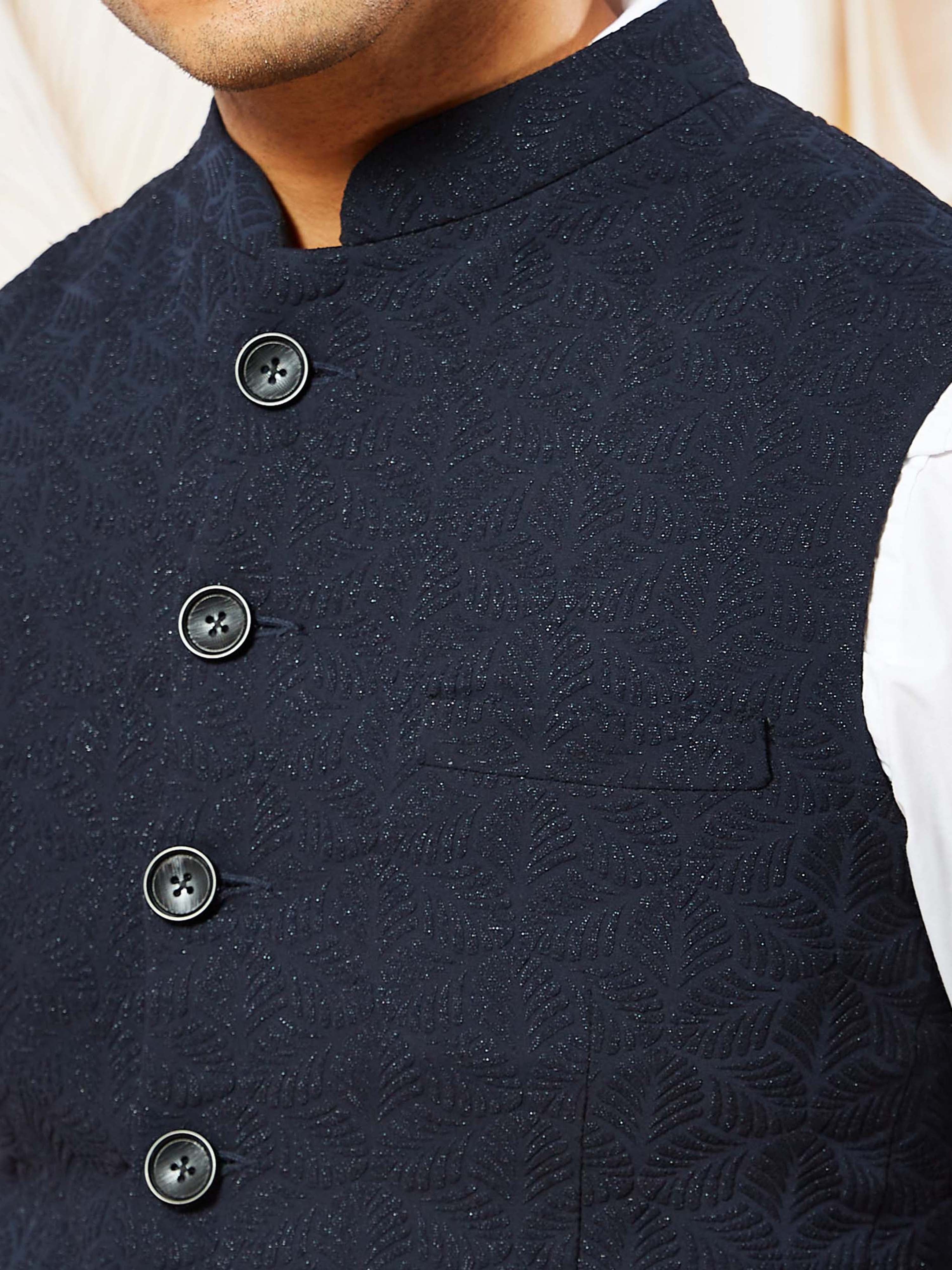 Men's Navy Blue Sutting Fabric Abstract Regular Nehru Jacket
