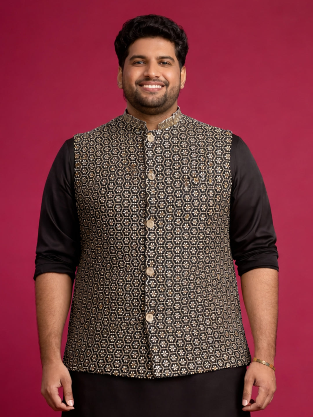 Black Rayon Nehru Jacket with Gold Geometric Embroidery