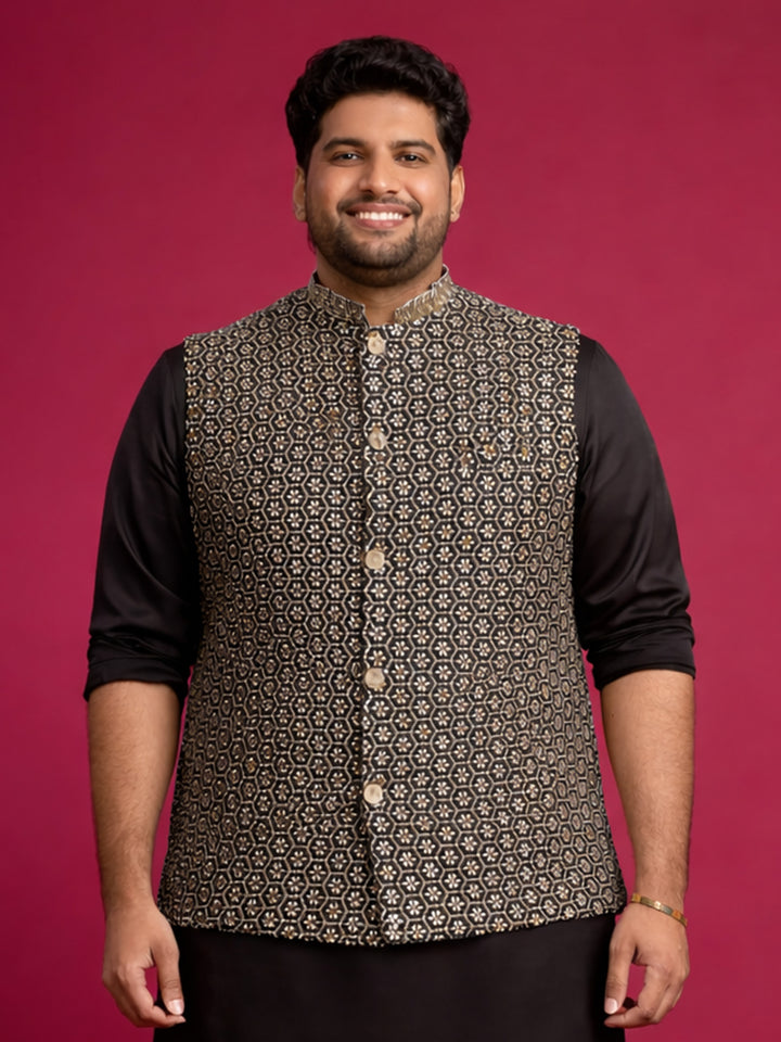 Black Rayon Nehru Jacket with Gold Geometric Embroidery