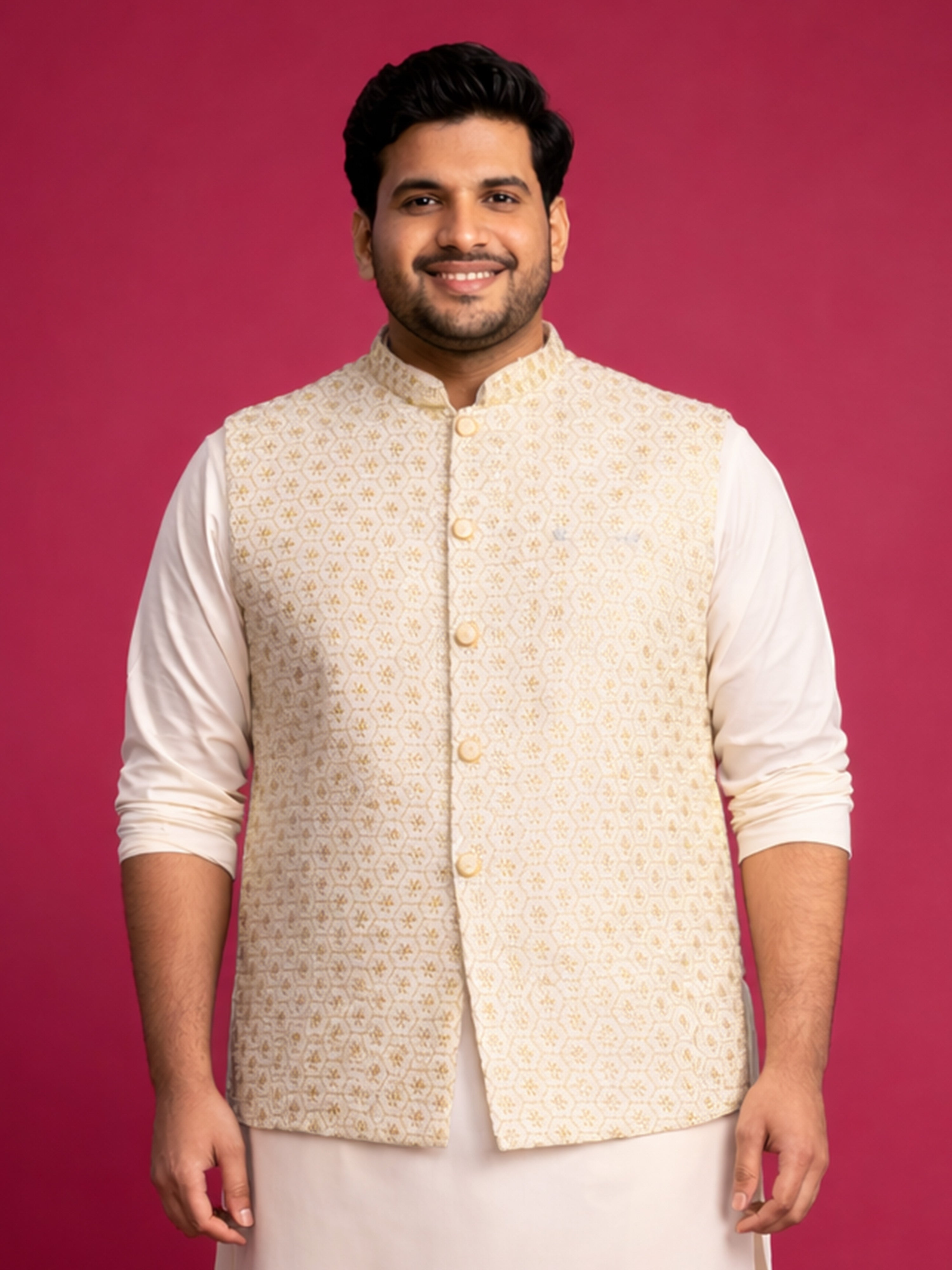 Off-White Rayon Embroidered Geometric Nehru Jacket