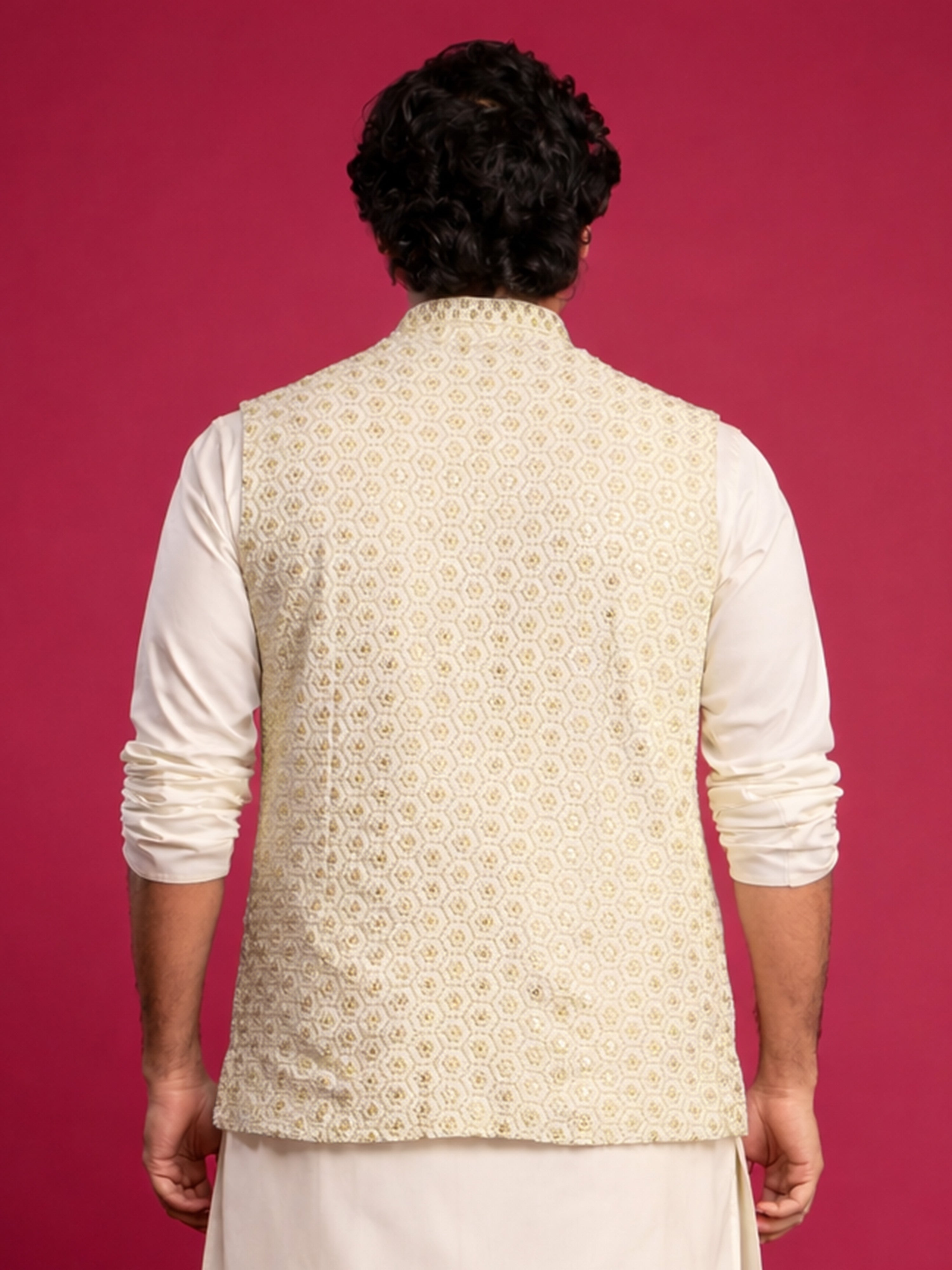 Men's Off-White Rayon Geometry Regular Nehru Jacket