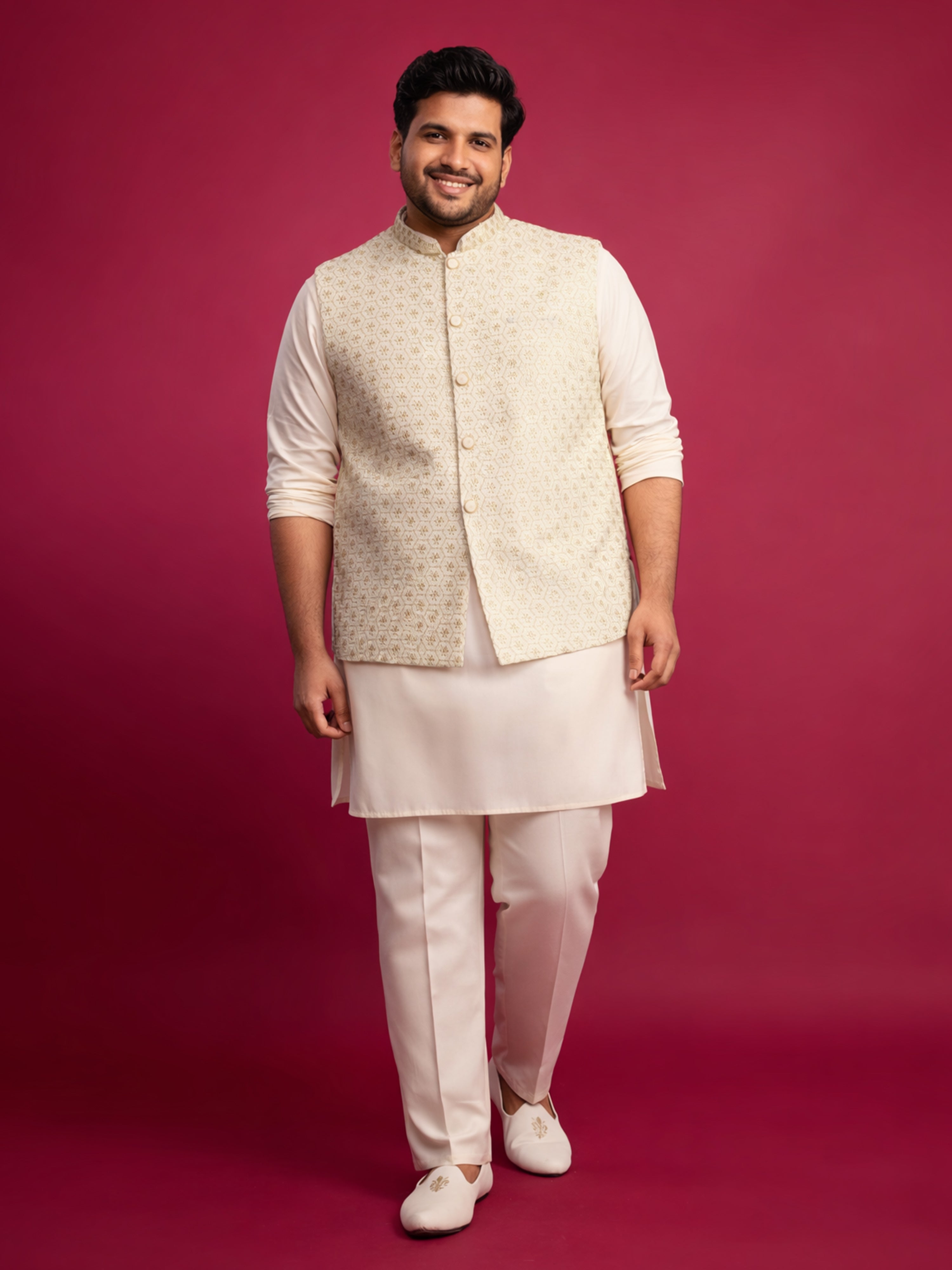 Men's Off-White Rayon Geometry Regular Nehru Jacket