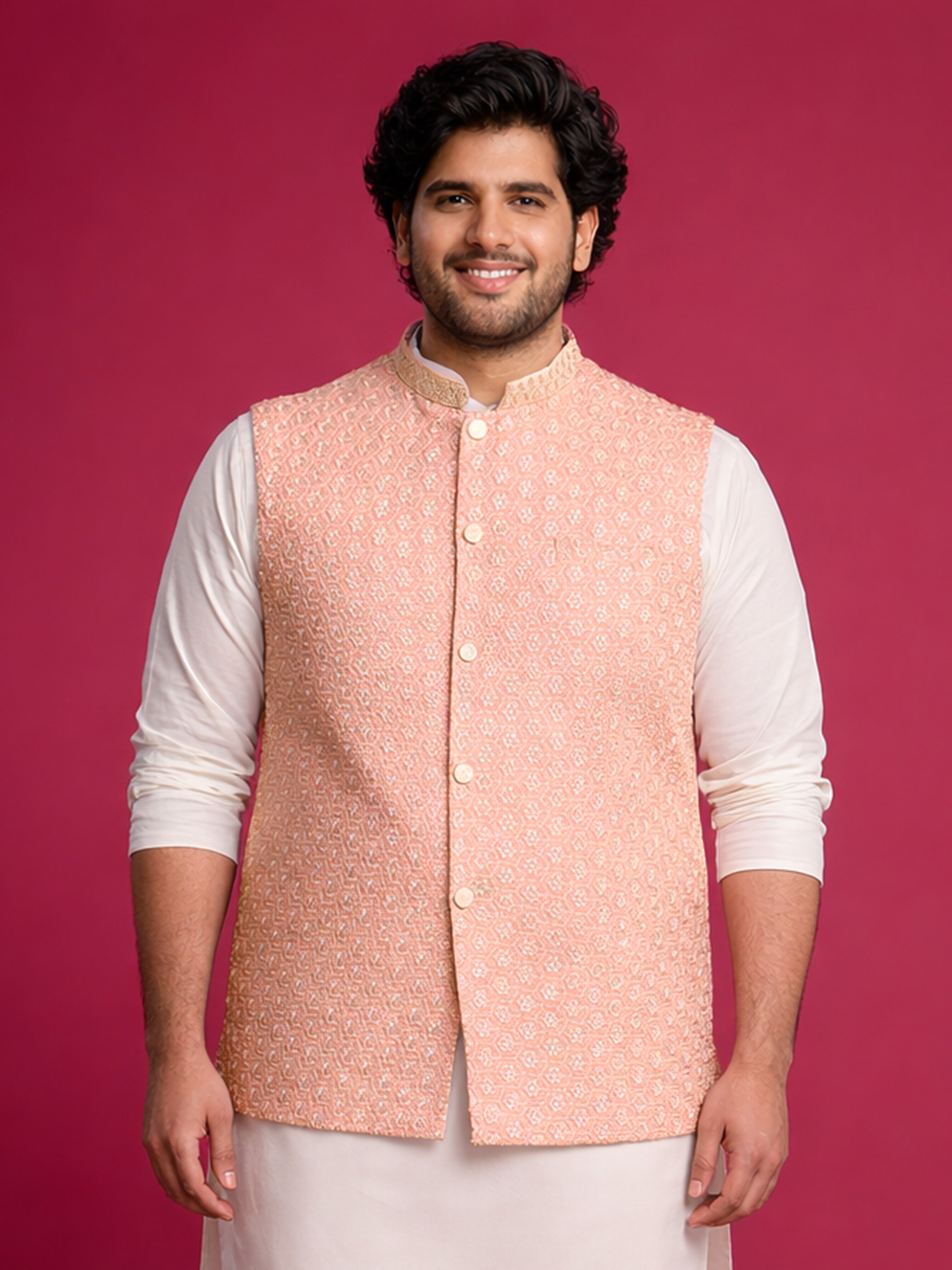 Peach Rayon Embroidered Nehru Jacket with Sequins