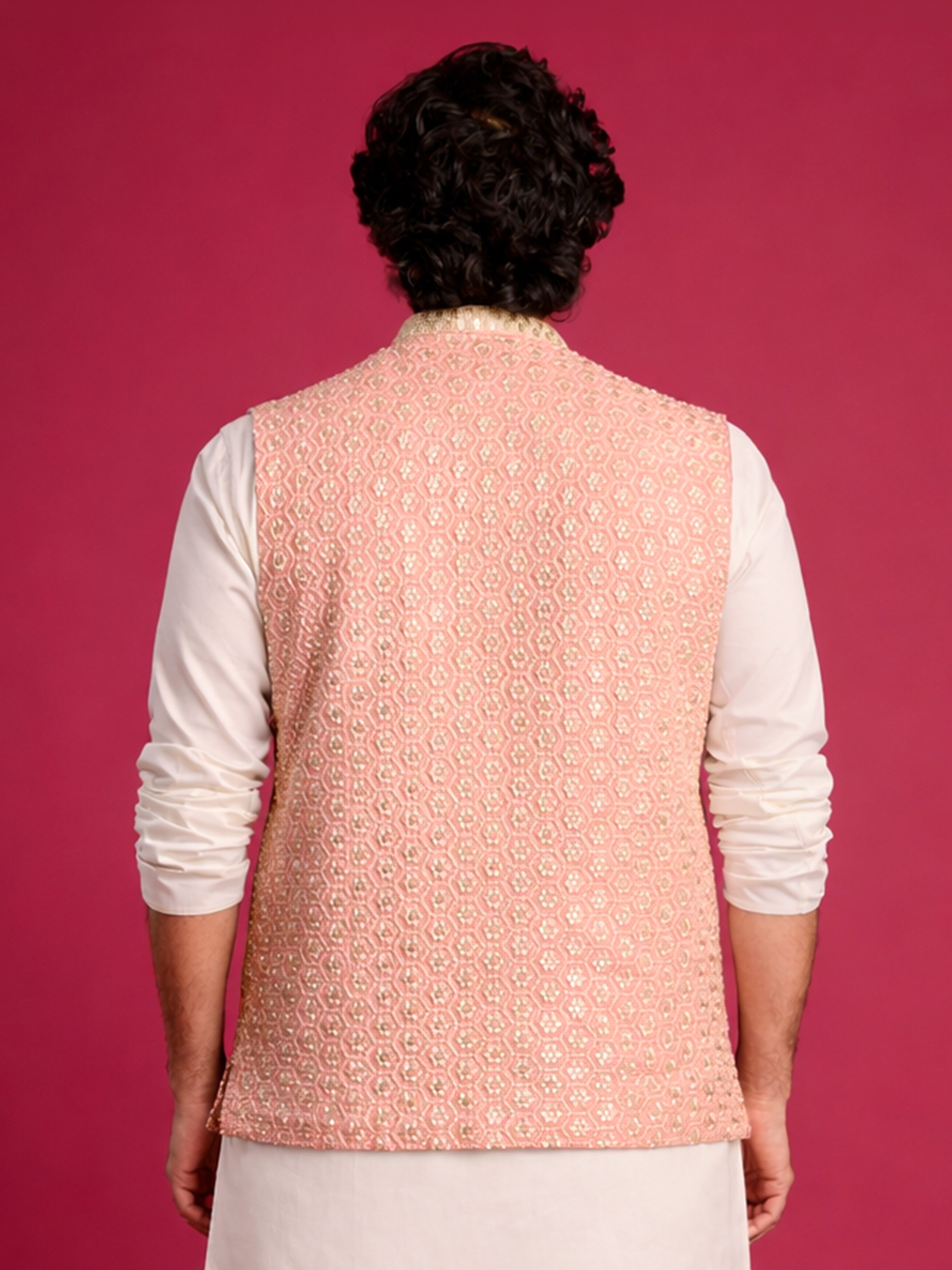 Men's Peach Rayon Geometry Regular Nehru Jacket