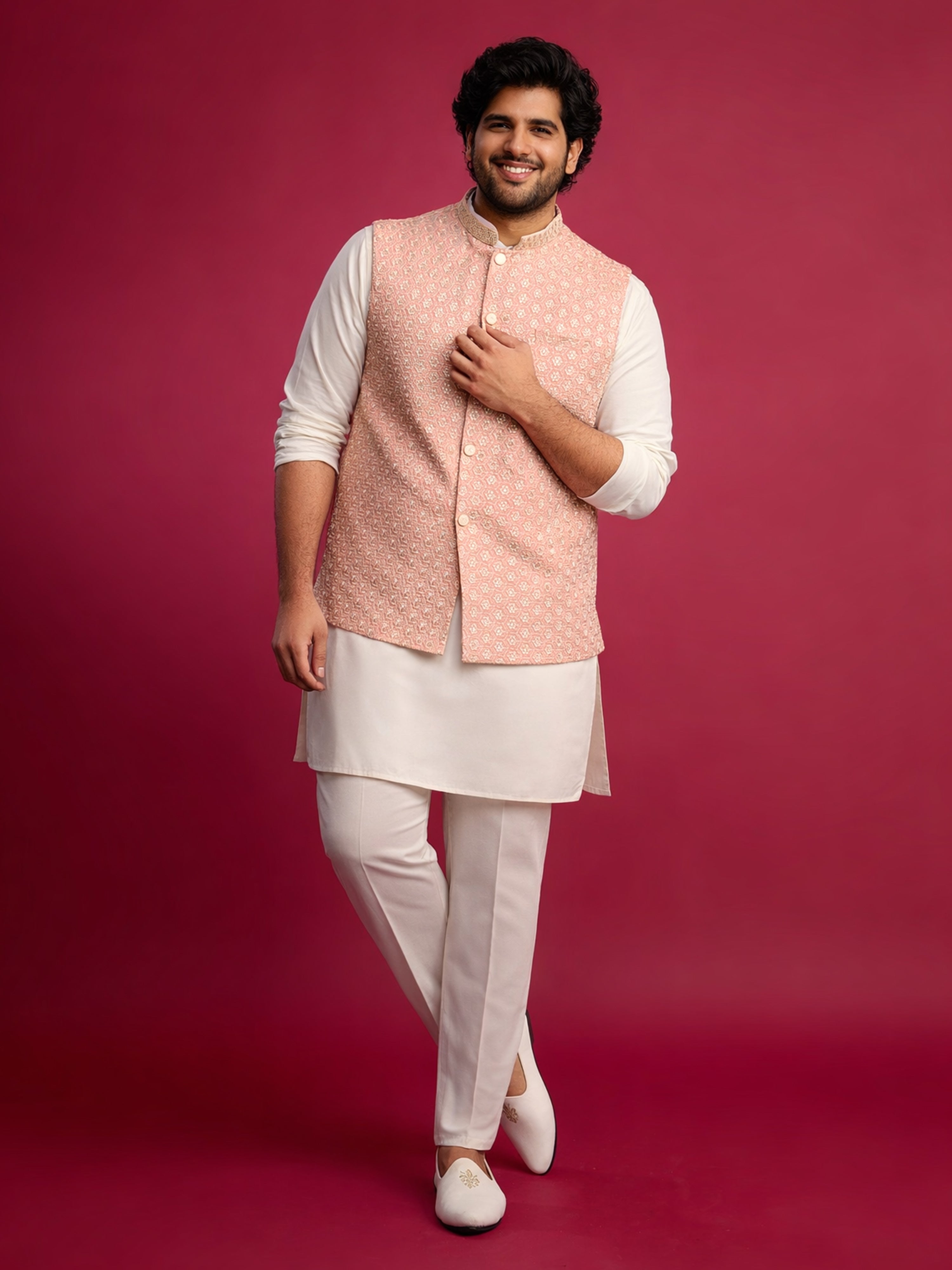 Men's Peach Rayon Geometry Regular Nehru Jacket
