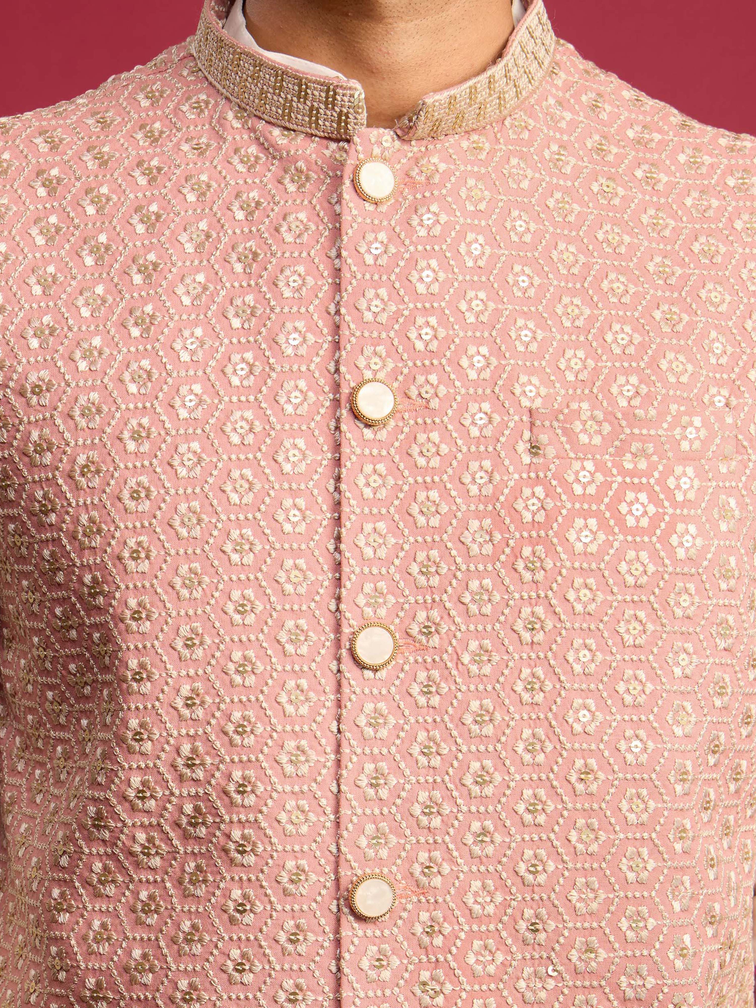 Men Peach Geometry Zari Work Regular Nehru Jacket