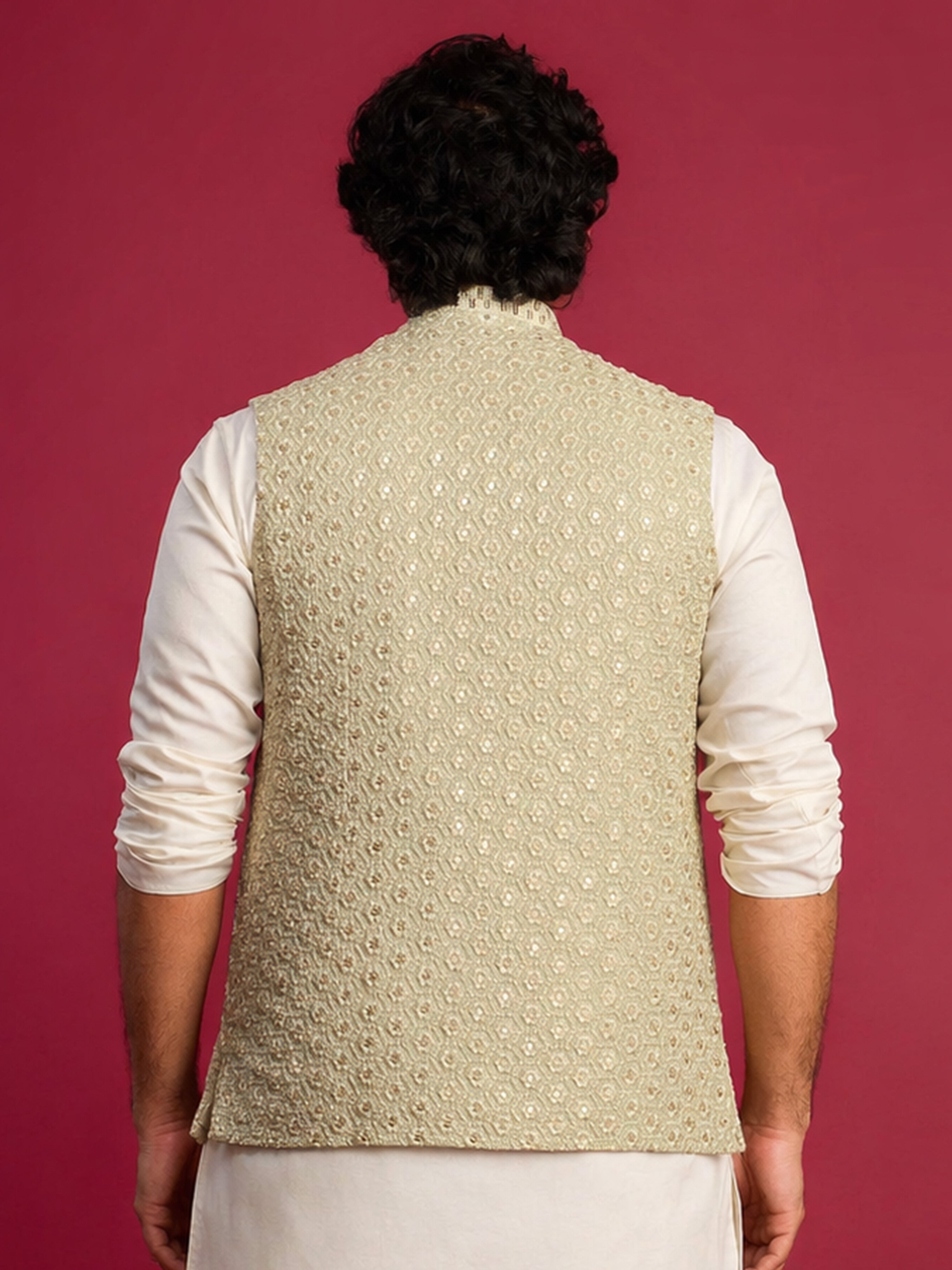 Men Light Green Geometry Zari Work Regular Nehru Jacket