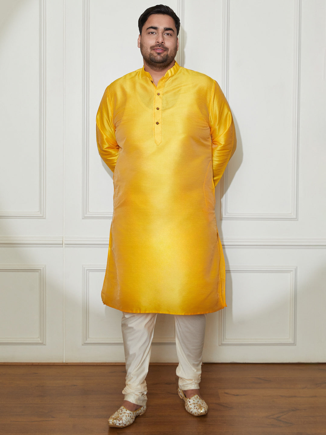 Plus Men's Yellow Silk Blend Kurta Pyjama Set