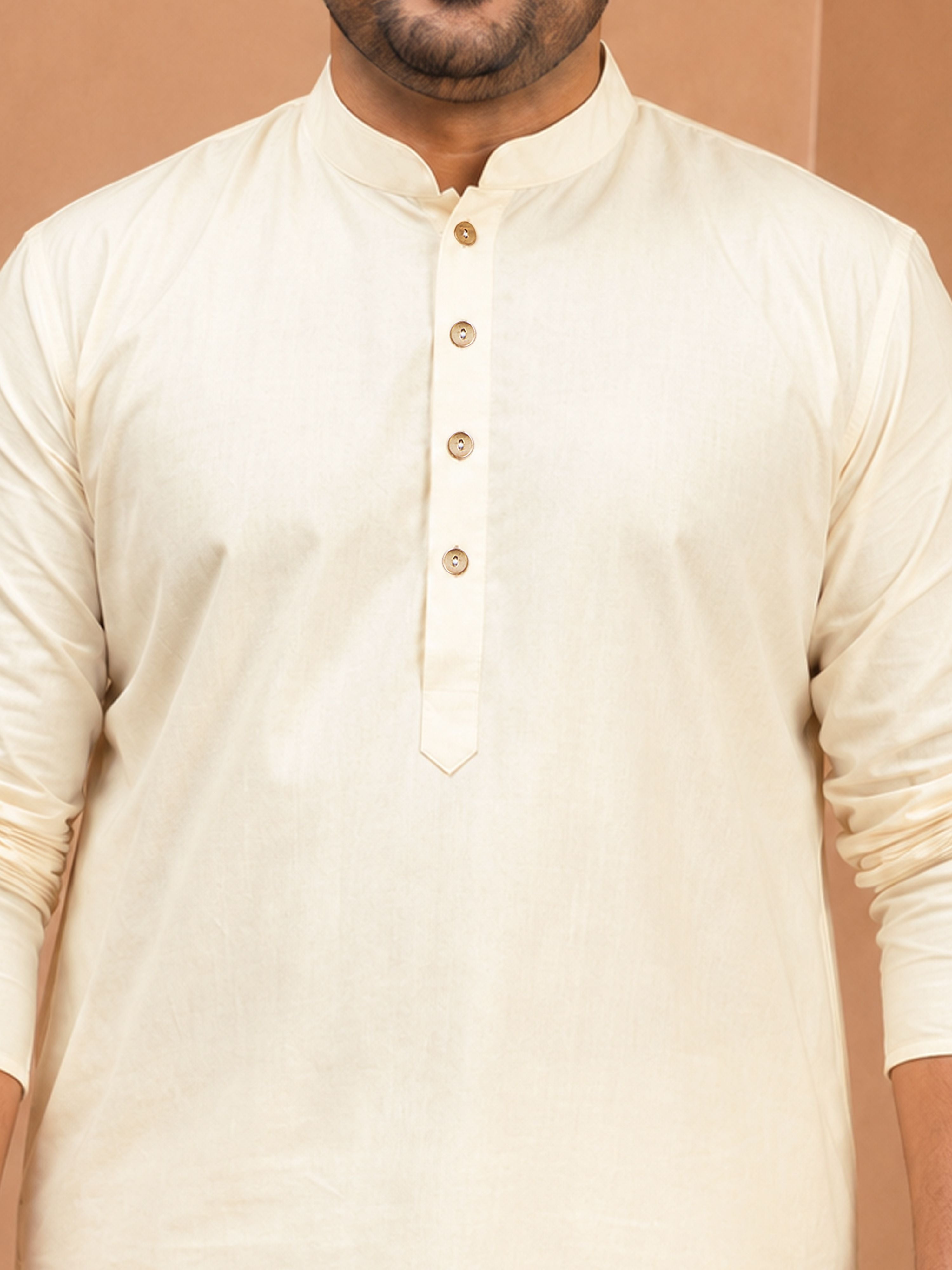 Men's Cream Viscose Solid Regular Kurta