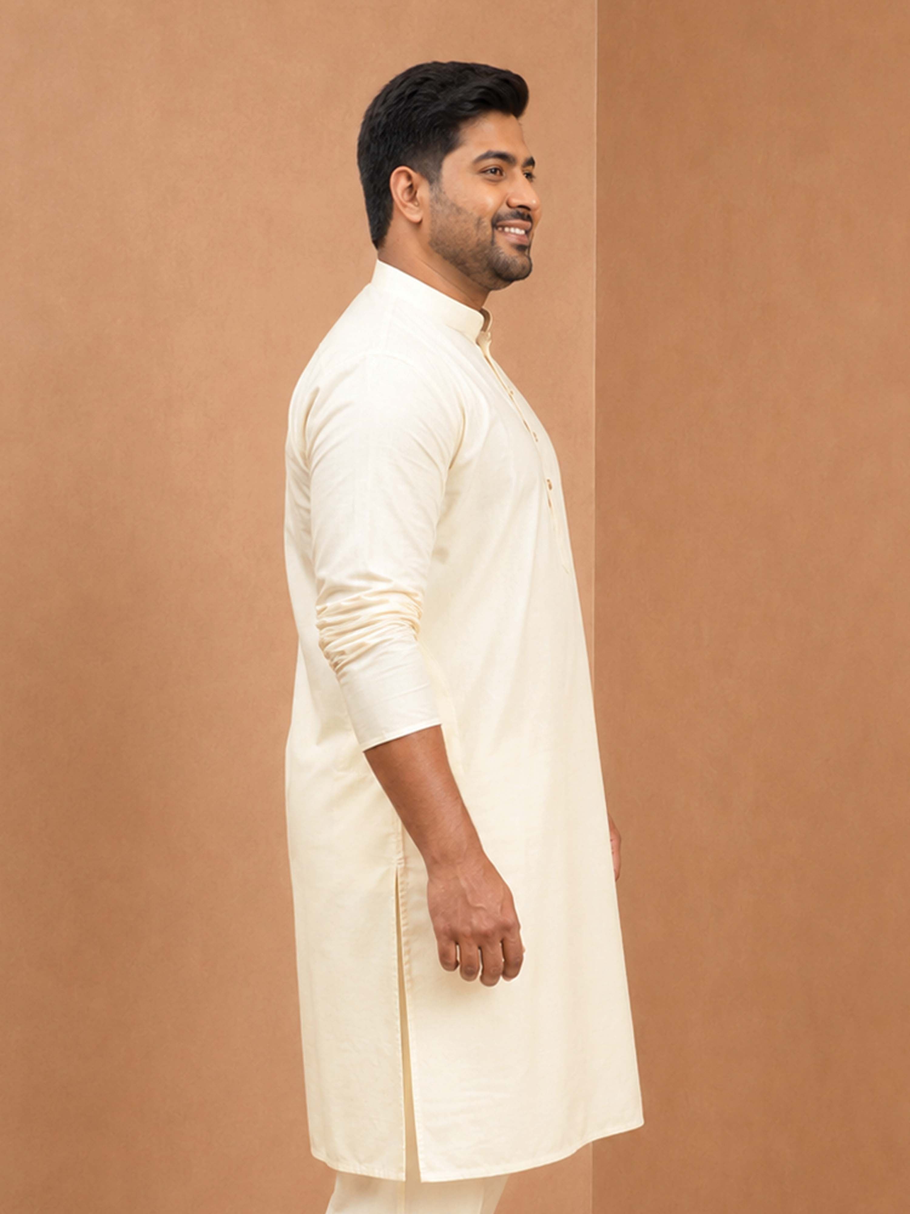 Men's Cream Viscose Solid Regular Kurta