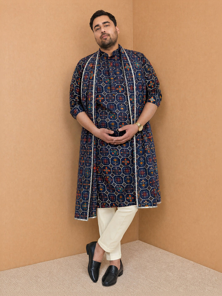 Men Blue Silk Blend Kurta and Pyjama with Dupatta Wedding, Durga Puja, Festive, Festive Glitz, Summer / Casual Ethnic Wear